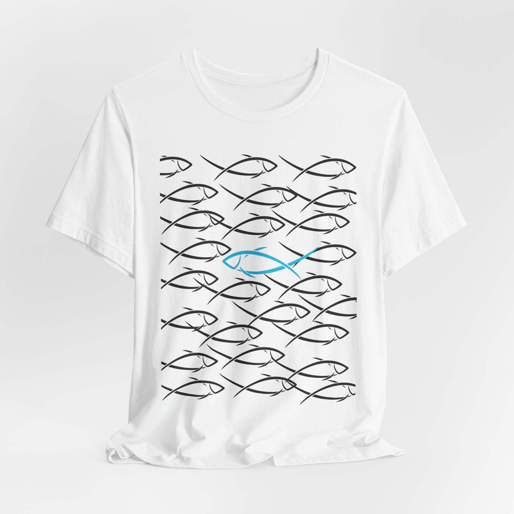 Graphic School of Fish Unisex Heavy Cotton Tee — "Go In Your Own Direction" Blue Highlighted Fish Graphic T-Shirt