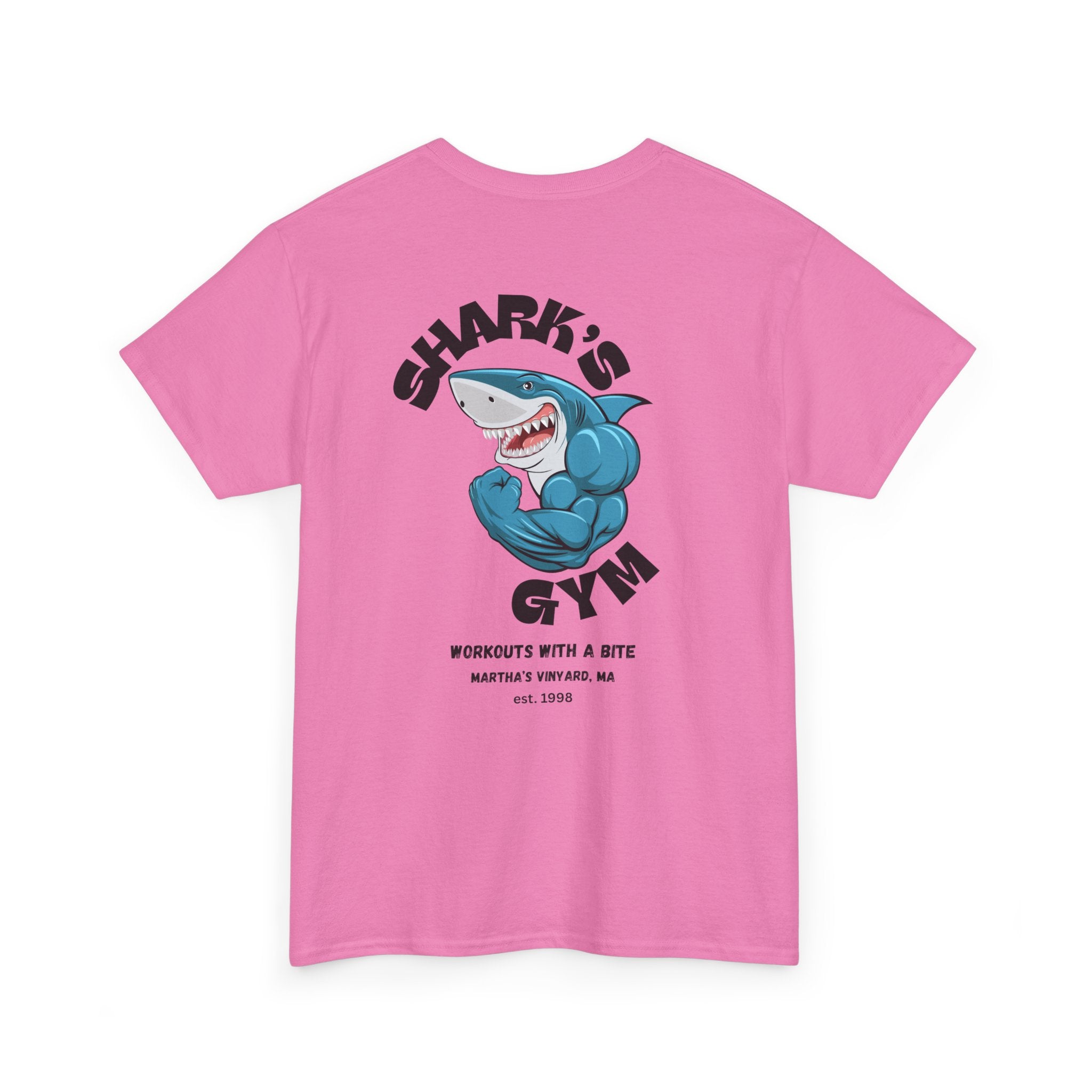 World Famous Shark's Gym  Martha's Vinyard, MA  (Back Design) Unisex Workout Tee Shirt