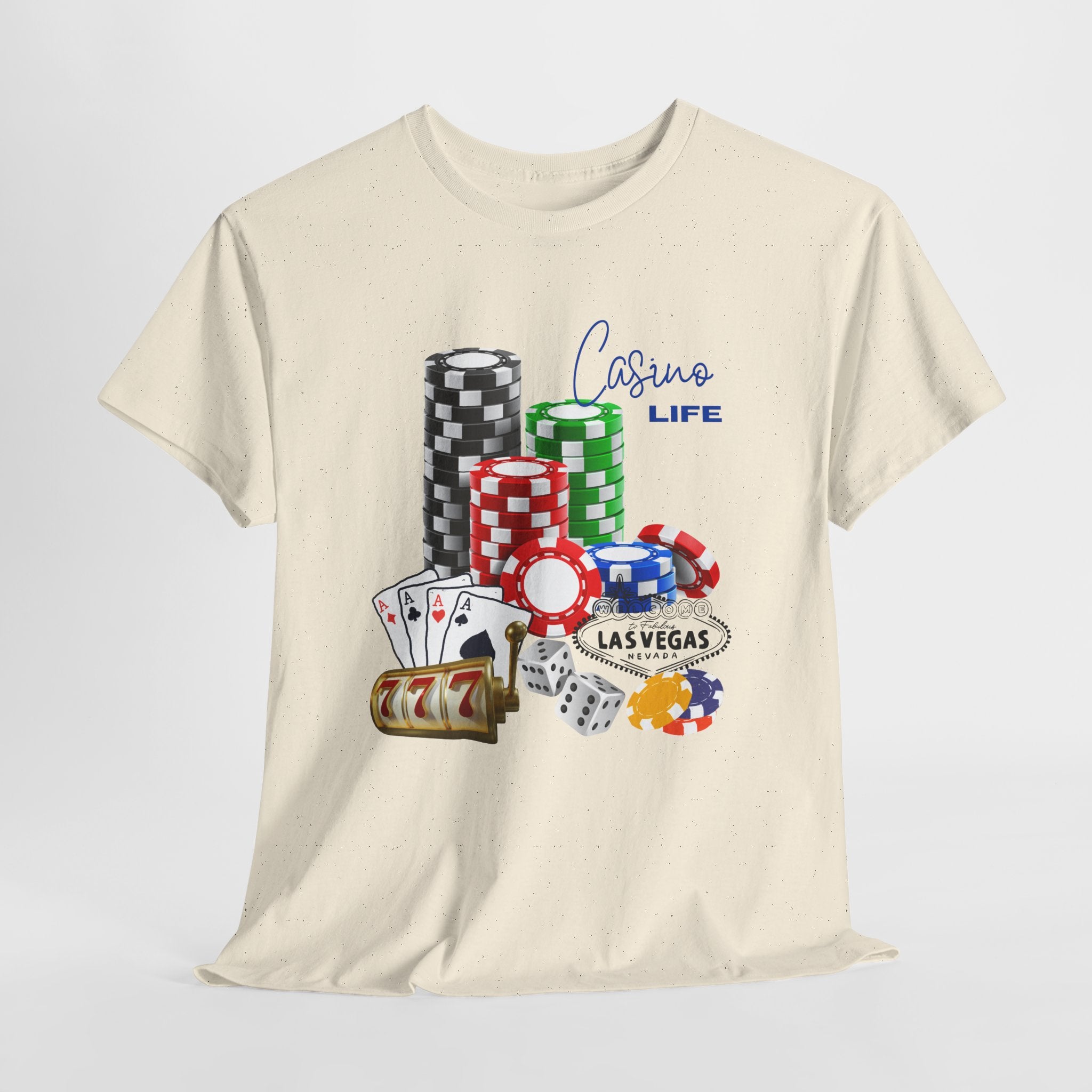 Bring on The Luck with this Casino Life Unisex Heavy Cotton T‑Shirt — Las Vegas Poker Chips & Cards Graphic Tee