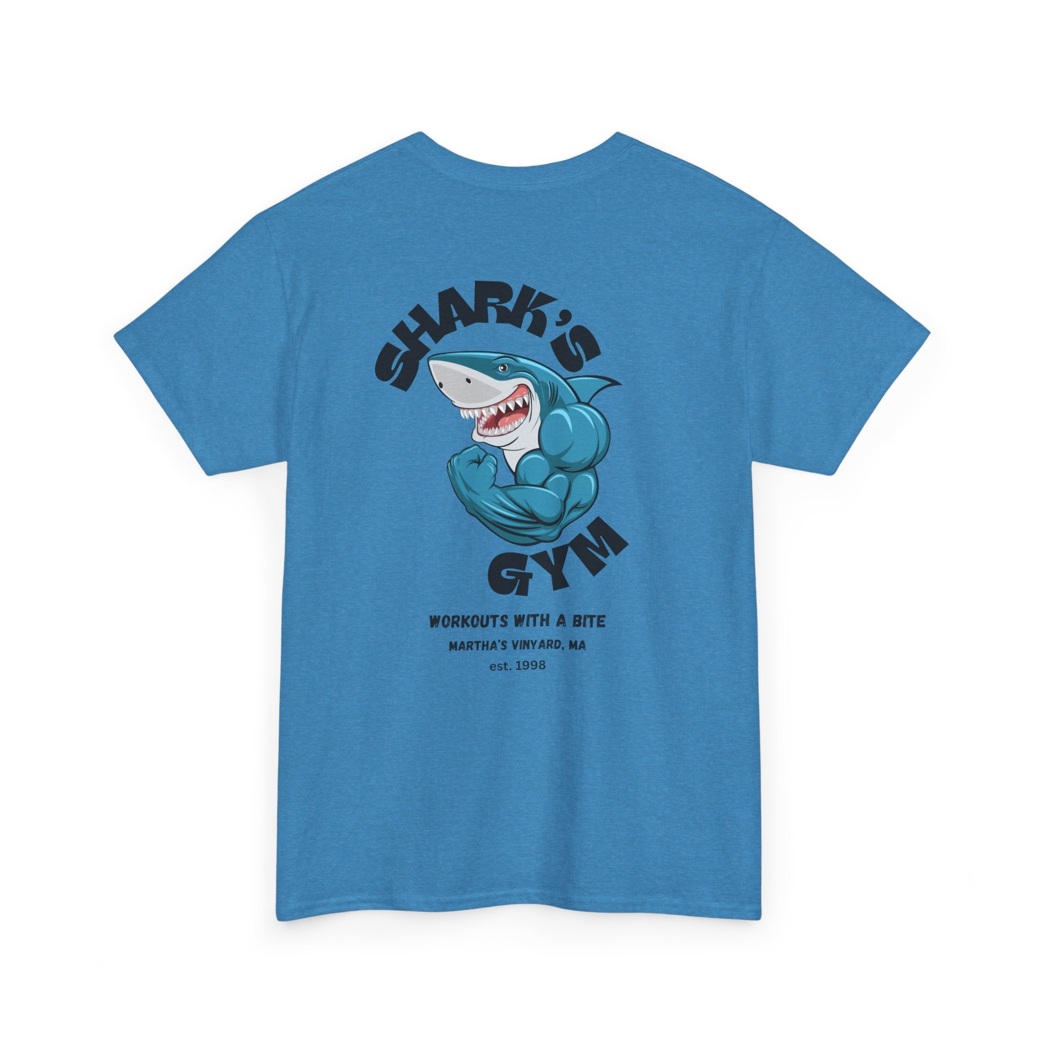 World Famous Shark's Gym  Martha's Vinyard, MA  (Back Design) Unisex Workout Tee Shirt