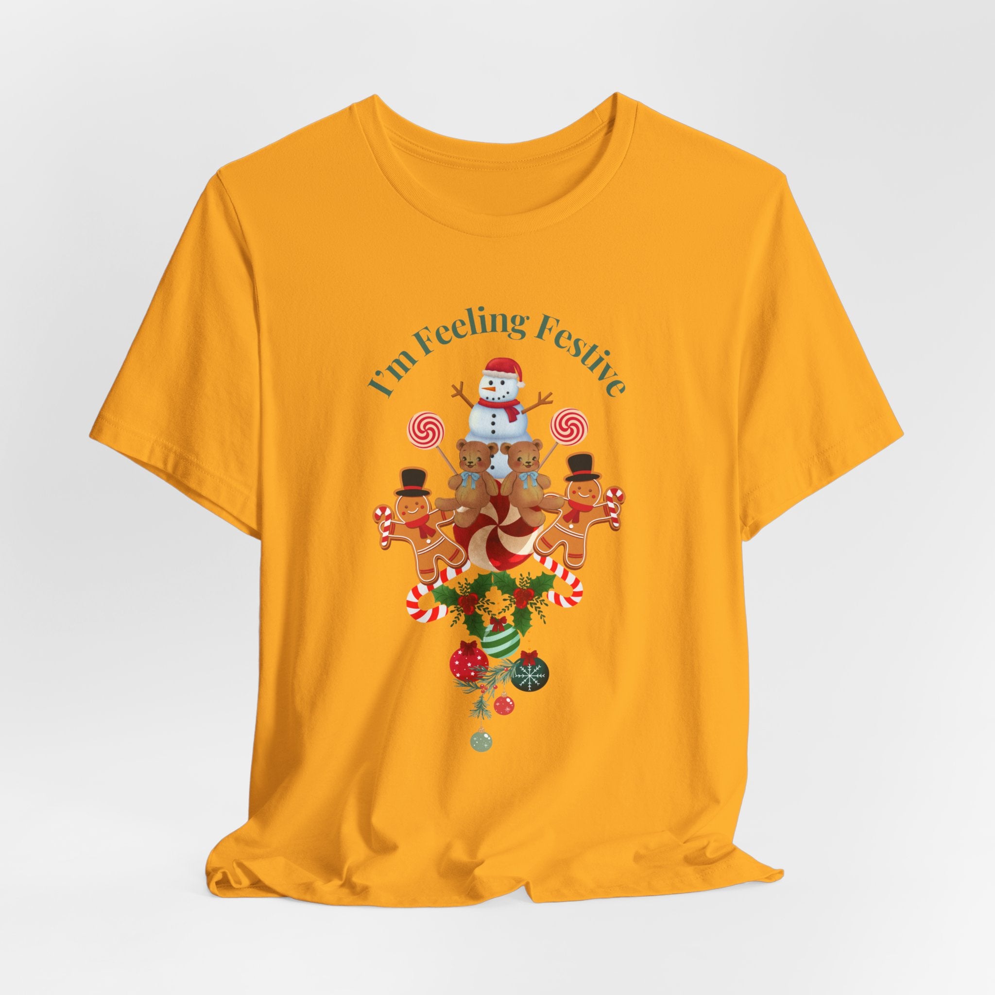 Colorful Holiday Tee — "I'm Feeling Festive" Christmas Reindeer & Snowman Graphic  Unisex Heavy Cotton T-Shirt