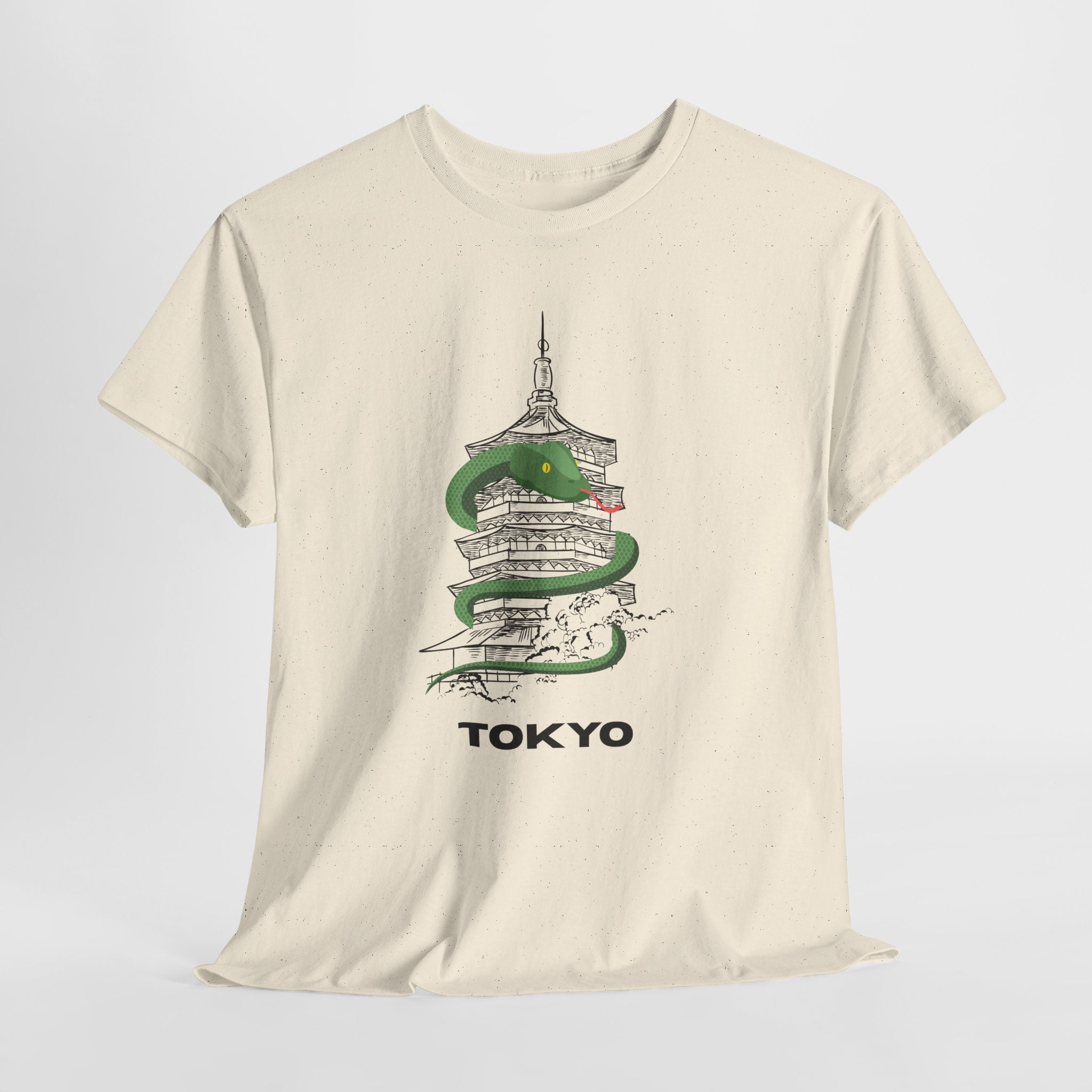 Quirky and FunTokyo Pagoda Serpent Graphic Unisex Heavy Cotton Tee — Green Snake & Pagoda Travel T‑Shirt