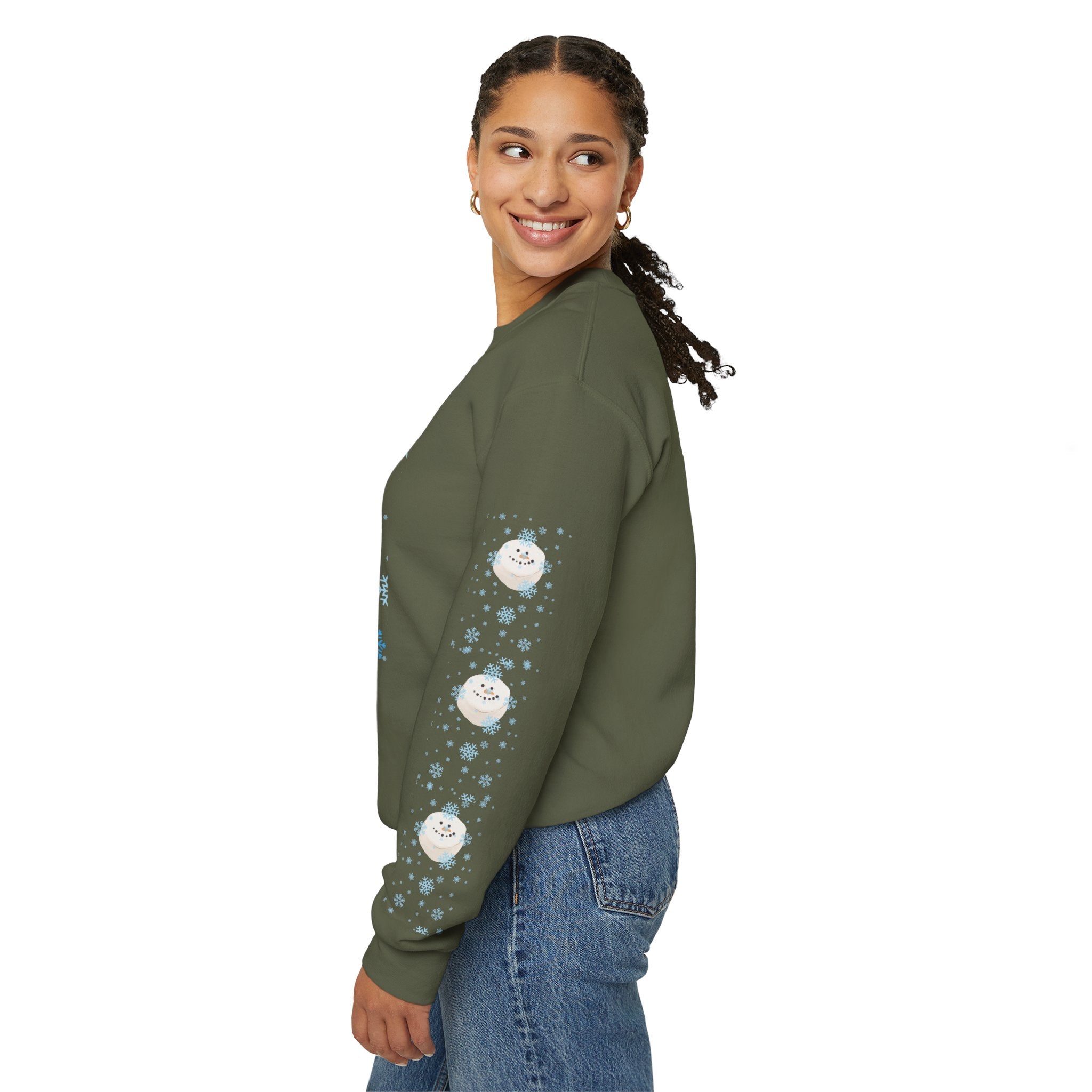 Happy Dog Lover Holiday "Walkin' In A Winter Wonderland" Unisex Crewneck Sweatshirt with Side Arm Embellishments