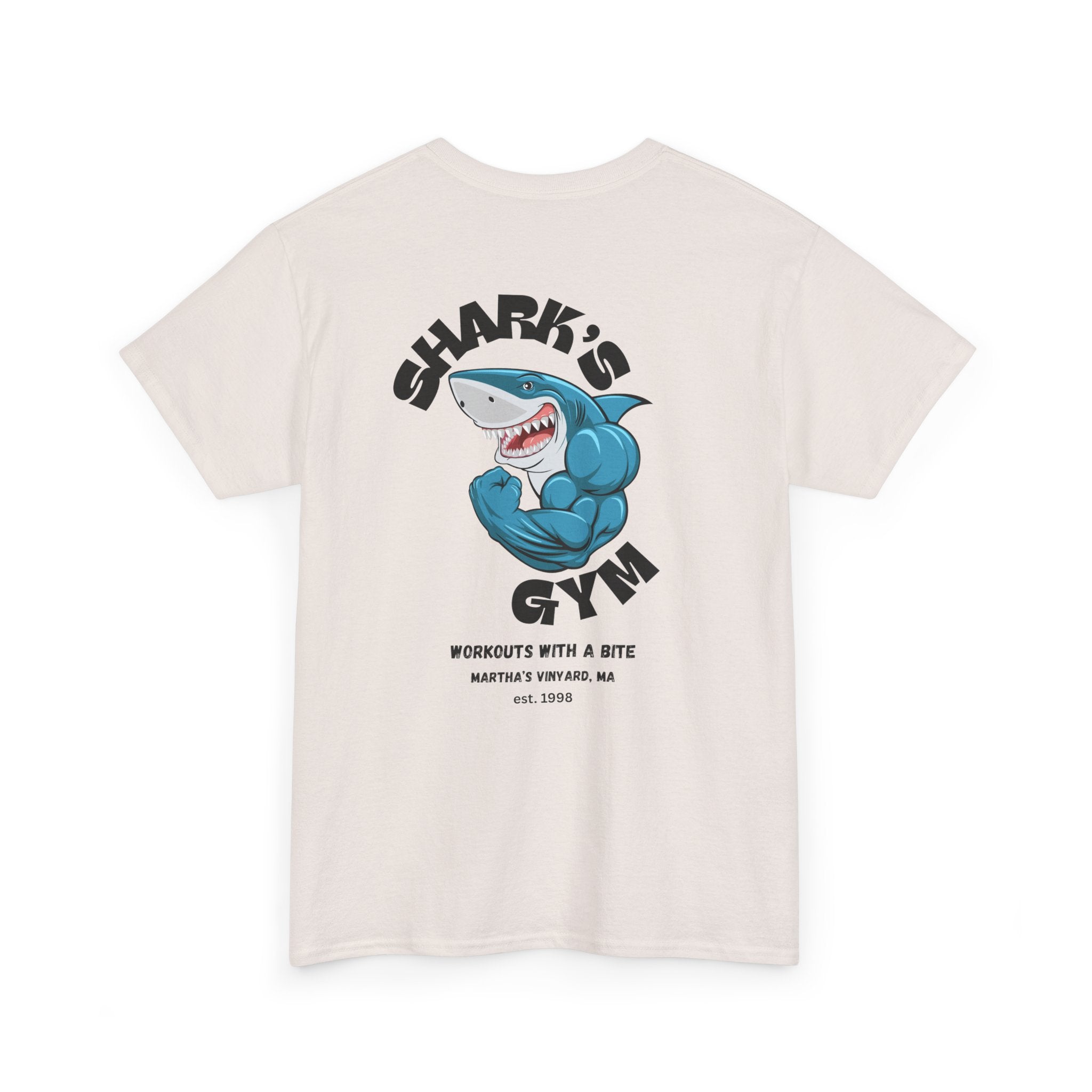 World Famous Shark's Gym  Martha's Vinyard, MA  (Back Design) Unisex Workout Tee Shirt