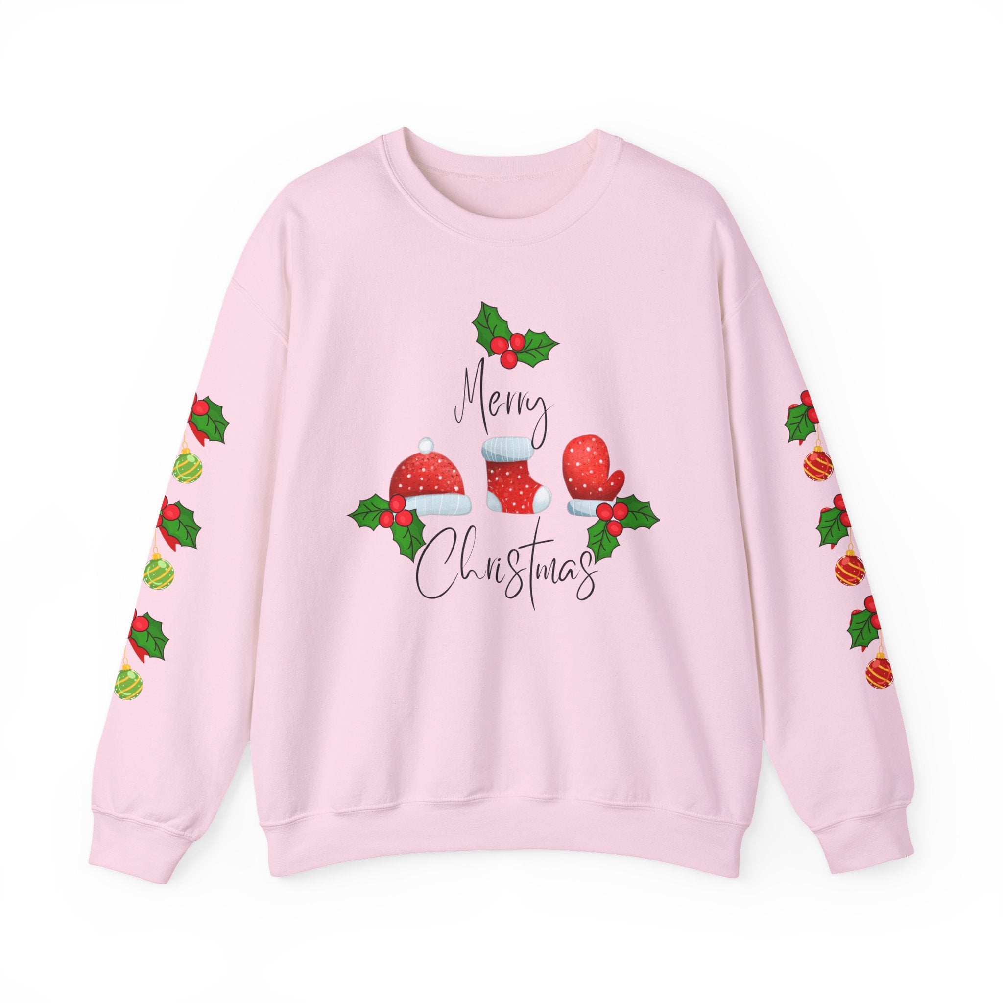 Festive Christmas Ornaments Unisex Sweatshirt Embellished with Side Arm Printing— 'Merry Christmas' Festive Holiday Crewneck
