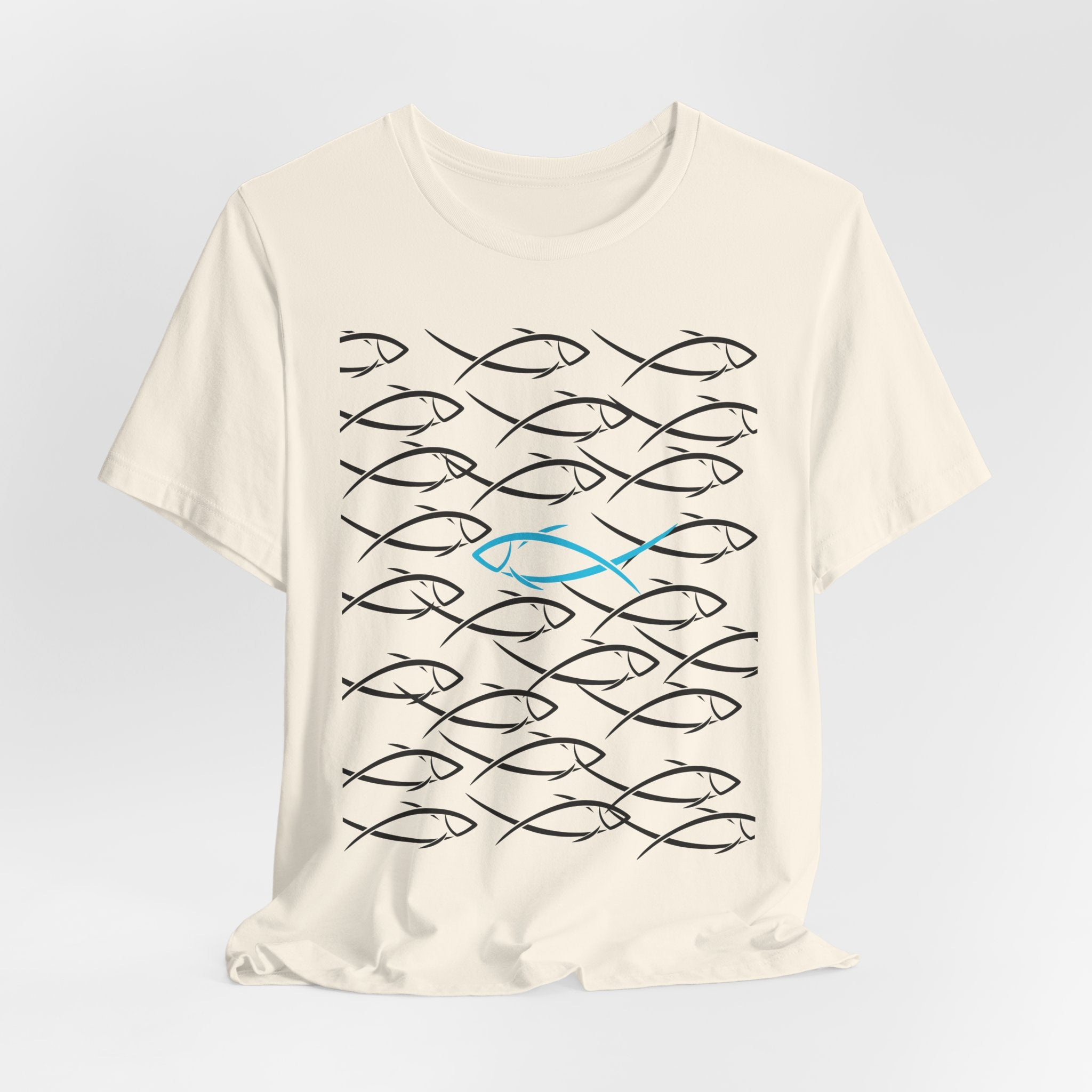 Graphic School of Fish Unisex Heavy Cotton Tee — "Go In Your Own Direction" Blue Highlighted Fish Graphic T-Shirt