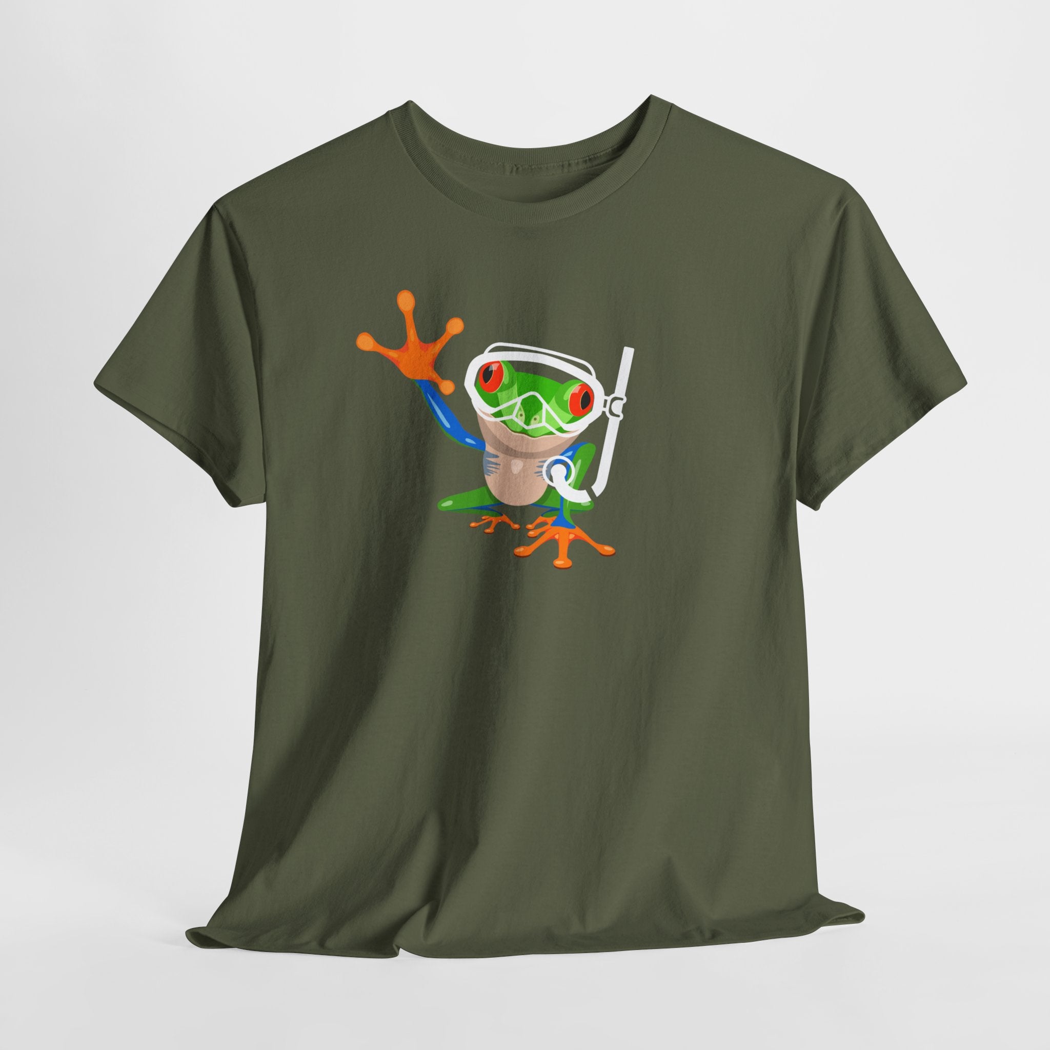 Fun Quirky Snorkel Tree Frog  (Dark Colors) Unisex Heavy Cotton Tee, Funny Frog Shirt, Cute Graphic Tee, Perfect Gift for Nature Lovers, Summer Fun Fashion
