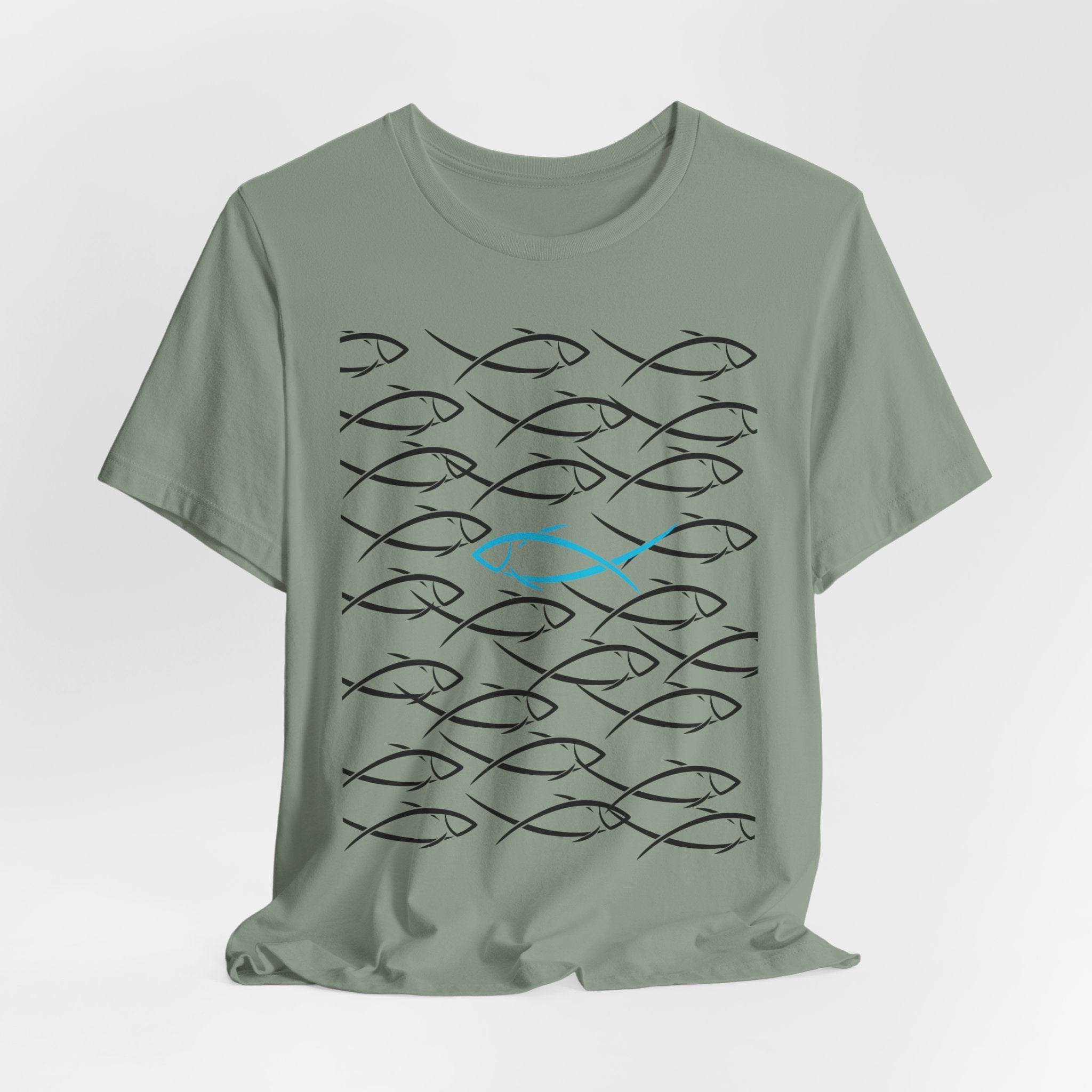 Graphic School of Fish Unisex Heavy Cotton Tee — "Go In Your Own Direction" Blue Highlighted Fish Graphic T-Shirt