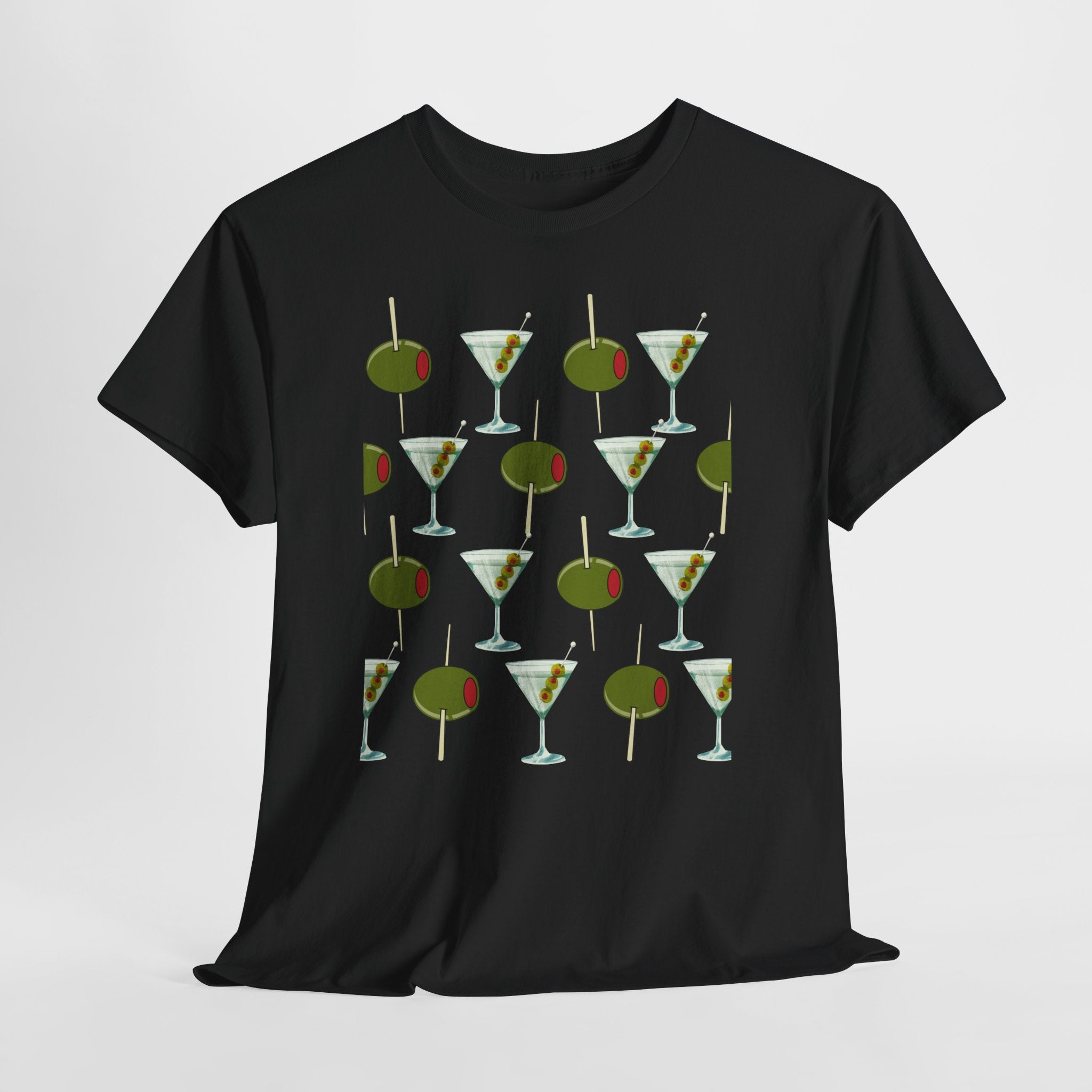 Fun Retro Martini Olive Graphic Pattern Unisex Heavy Cotton Tee — Cocktail Culture Lovers Graphic T-Shirt