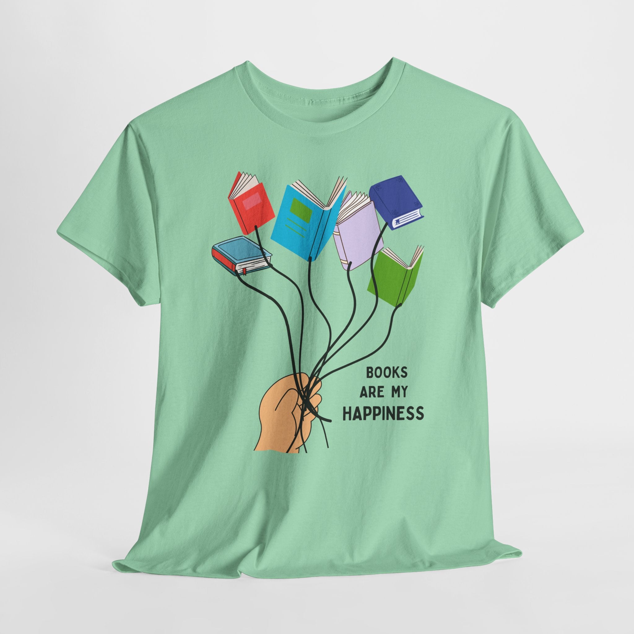Fun Books Are My Happiness Unisex Heavy Cotton T-Shirt — Book Lover Tee with Colorful Book Balloon Bouquet