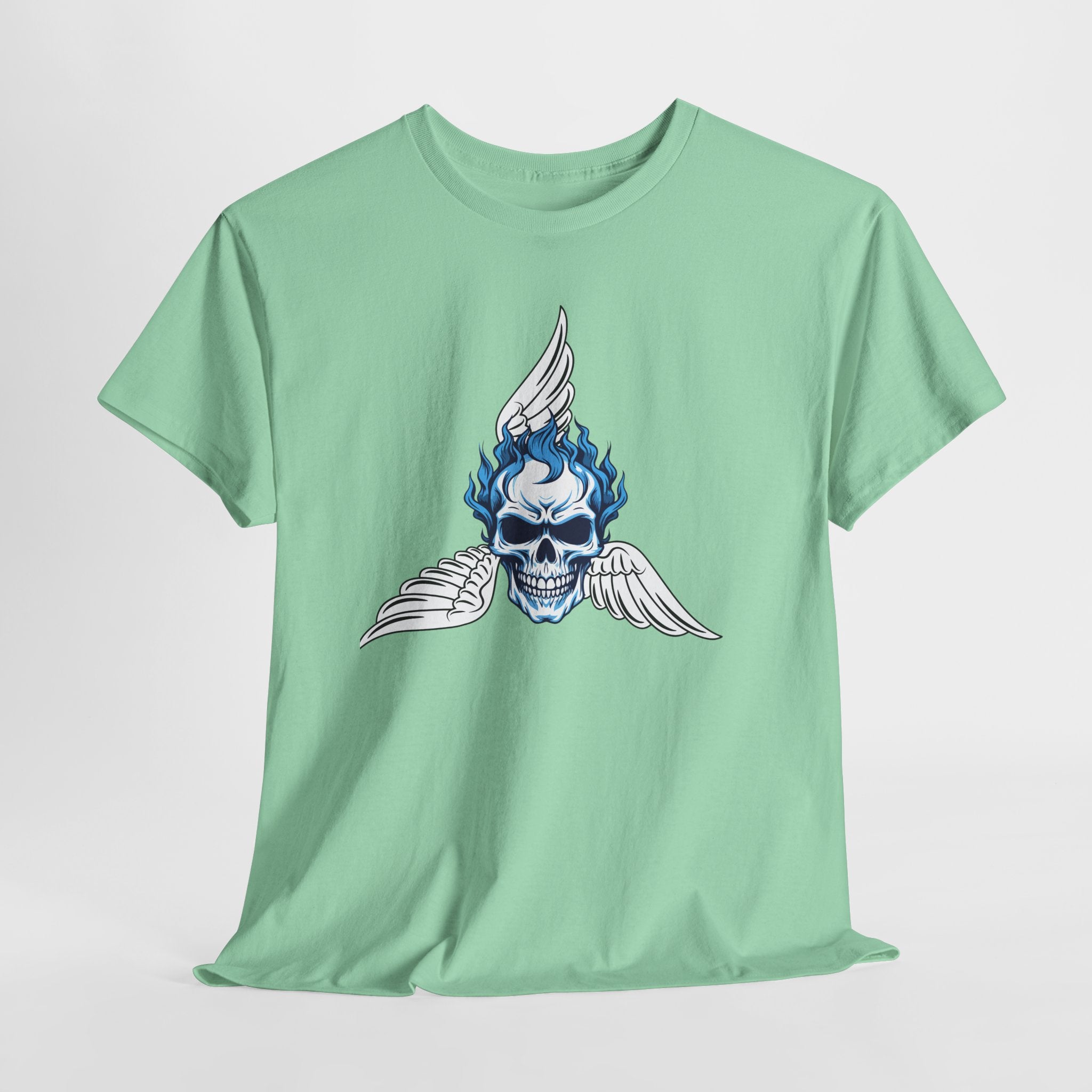 Fun Graphic Skull Flame Tee — Blue Flaming Skull with Wings Graphic  Unisex Heavy Cotton T-Shirt
