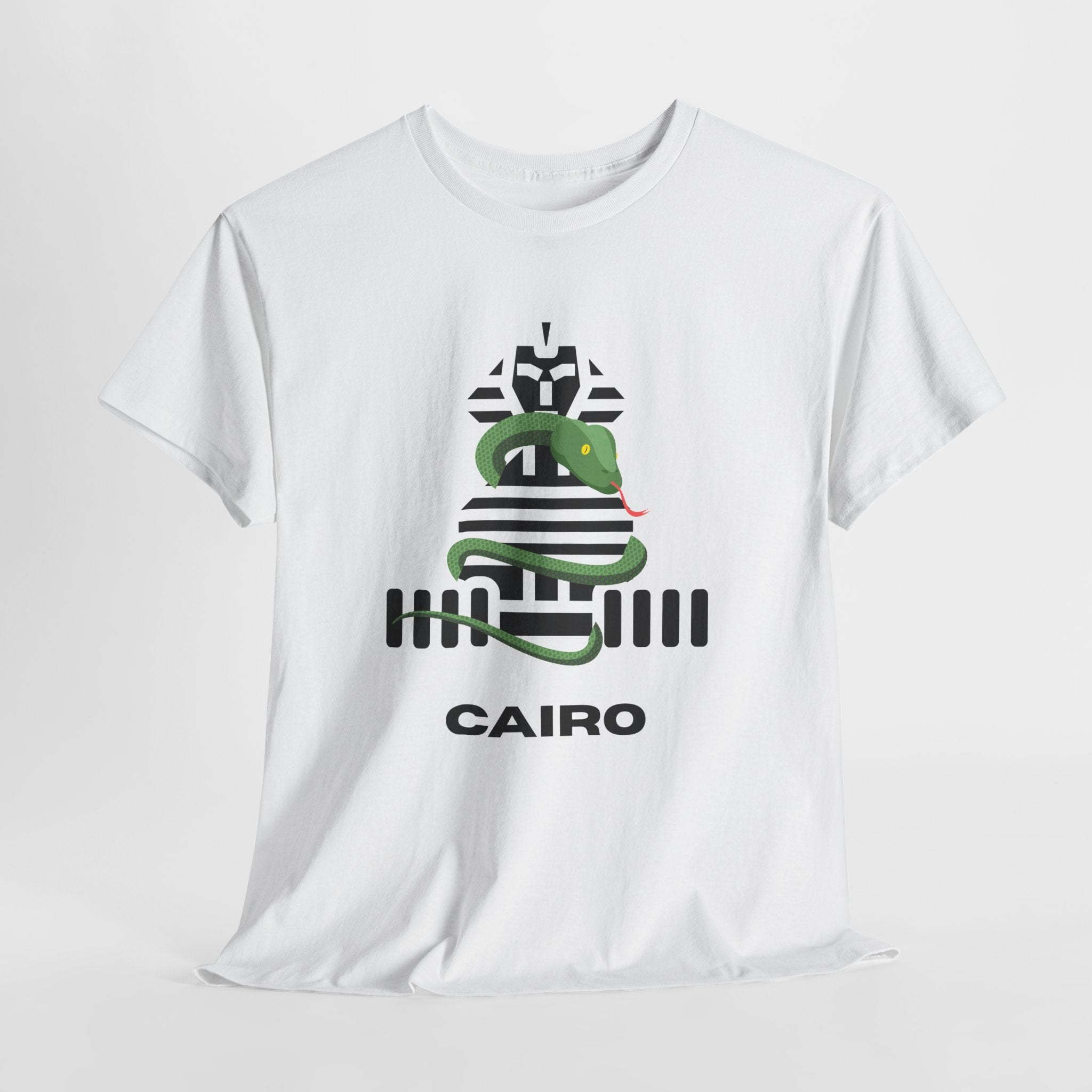 Fun and Quirky Sphynx Graphic Cairo Unisex Heavy Cotton Tee — Green Snake Egyptian Graphic T-Shirt