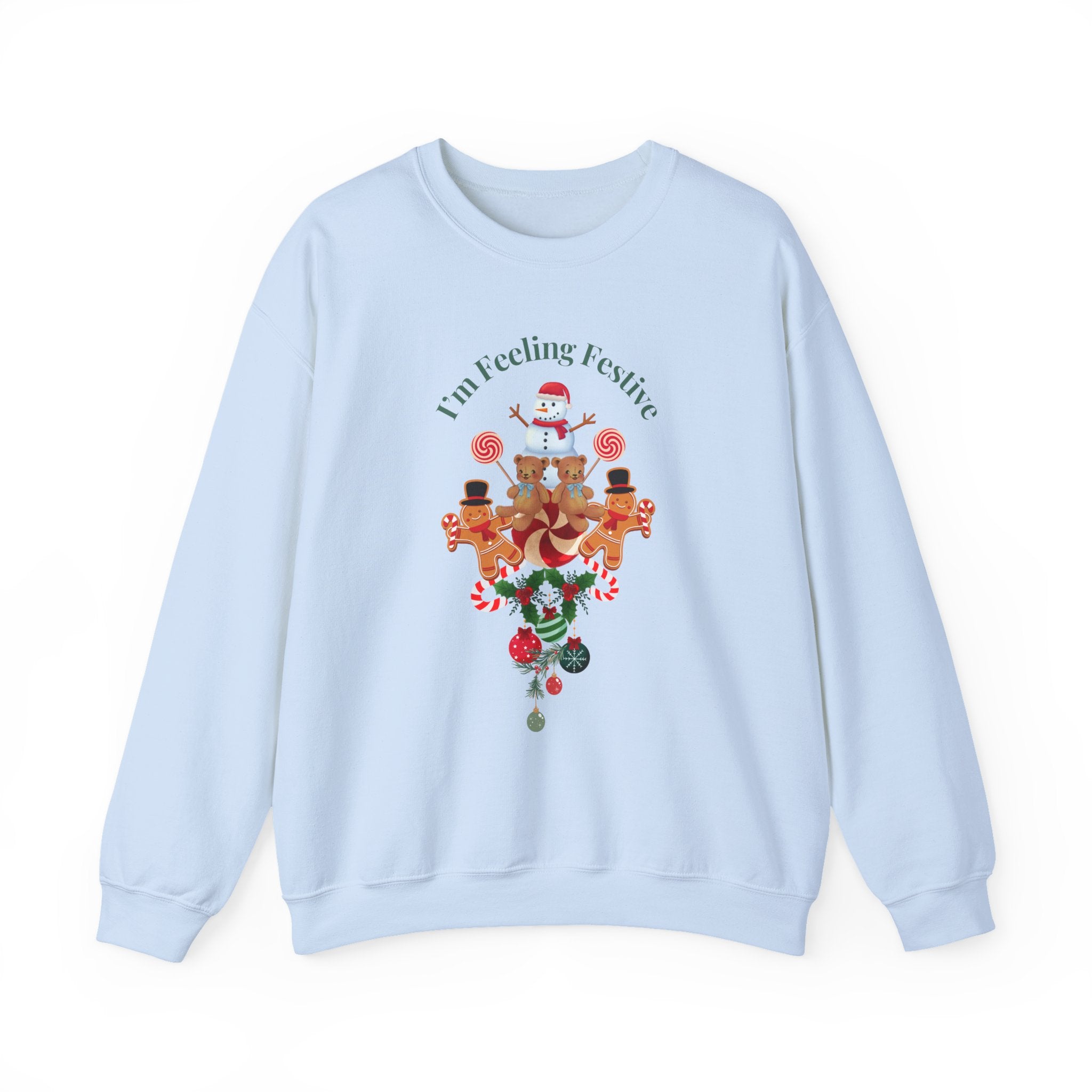 Colorful Fun "I'm Feeling Festive" Holiday Gingerbread & Snowman Graphic Design Crew Neck Unisex Sweatshirt