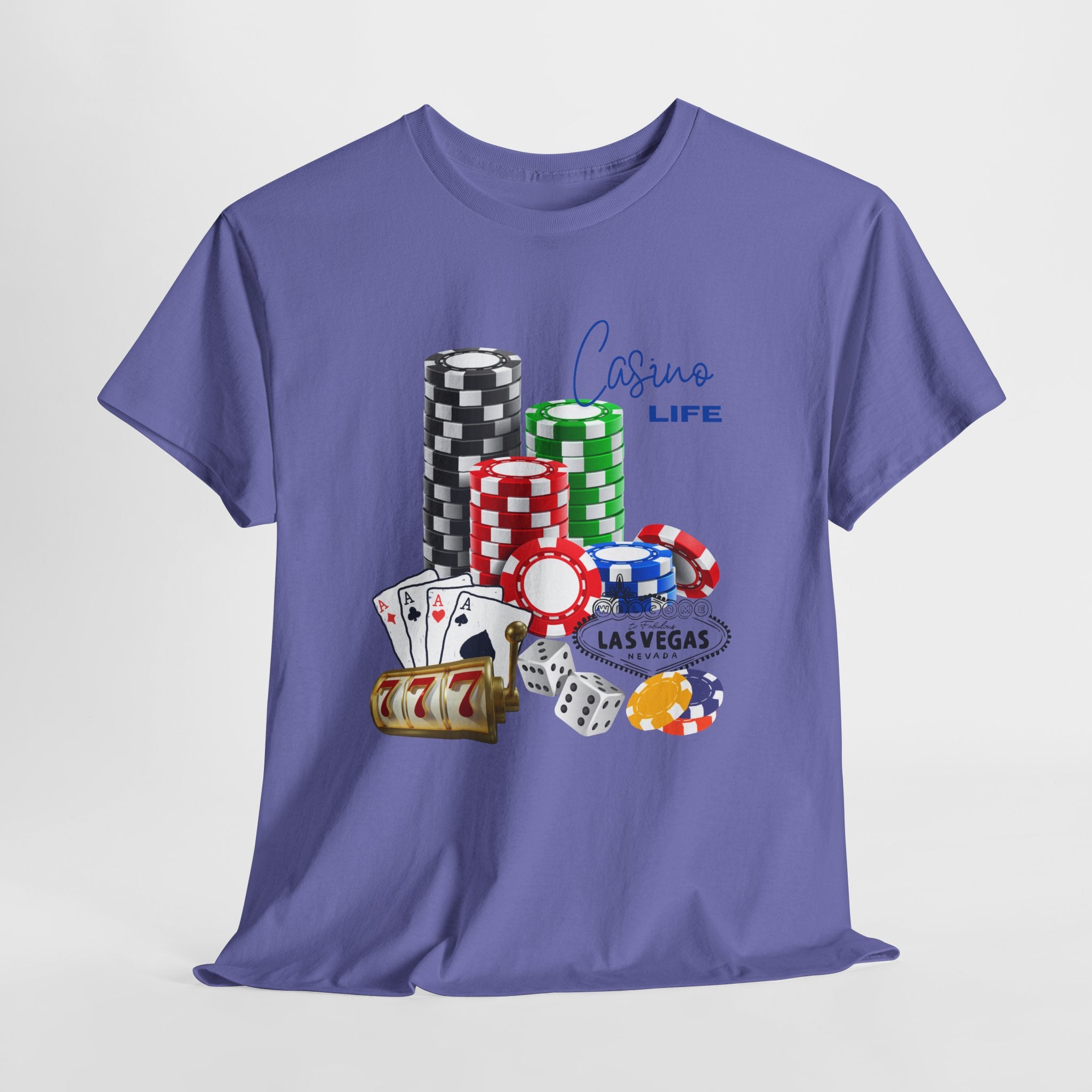 Bring on The Luck with this Casino Life Unisex Heavy Cotton T‑Shirt — Las Vegas Poker Chips & Cards Graphic Tee