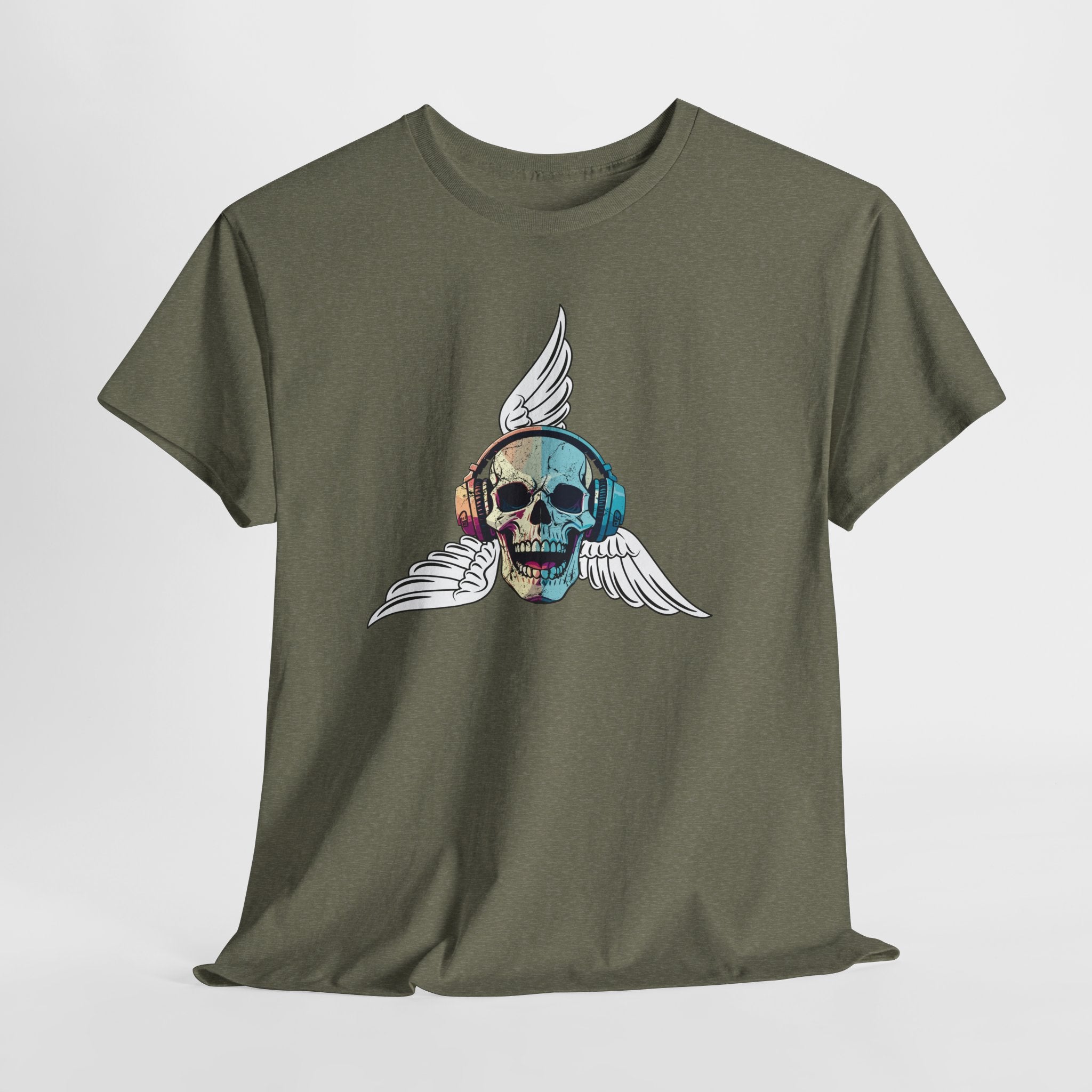 Fun Beats Skull with Wings Graphic  Unisex Heavy Cotton Tee — Vintage Rock Music Skull T-Shirt