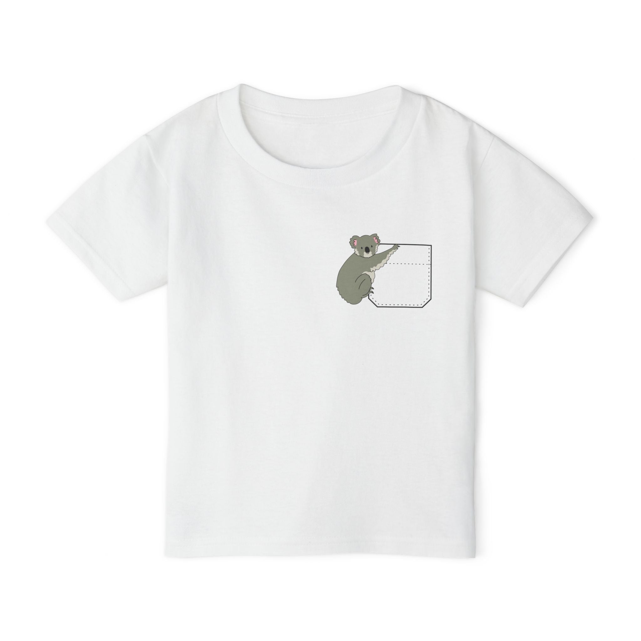 Cute and Fun Pocket Pet (Koala)  Unisex Heavy Cotton Toddler T-Shirt.  There is NO Pocket in this Shirt.  The Pocket is part of the Artwork