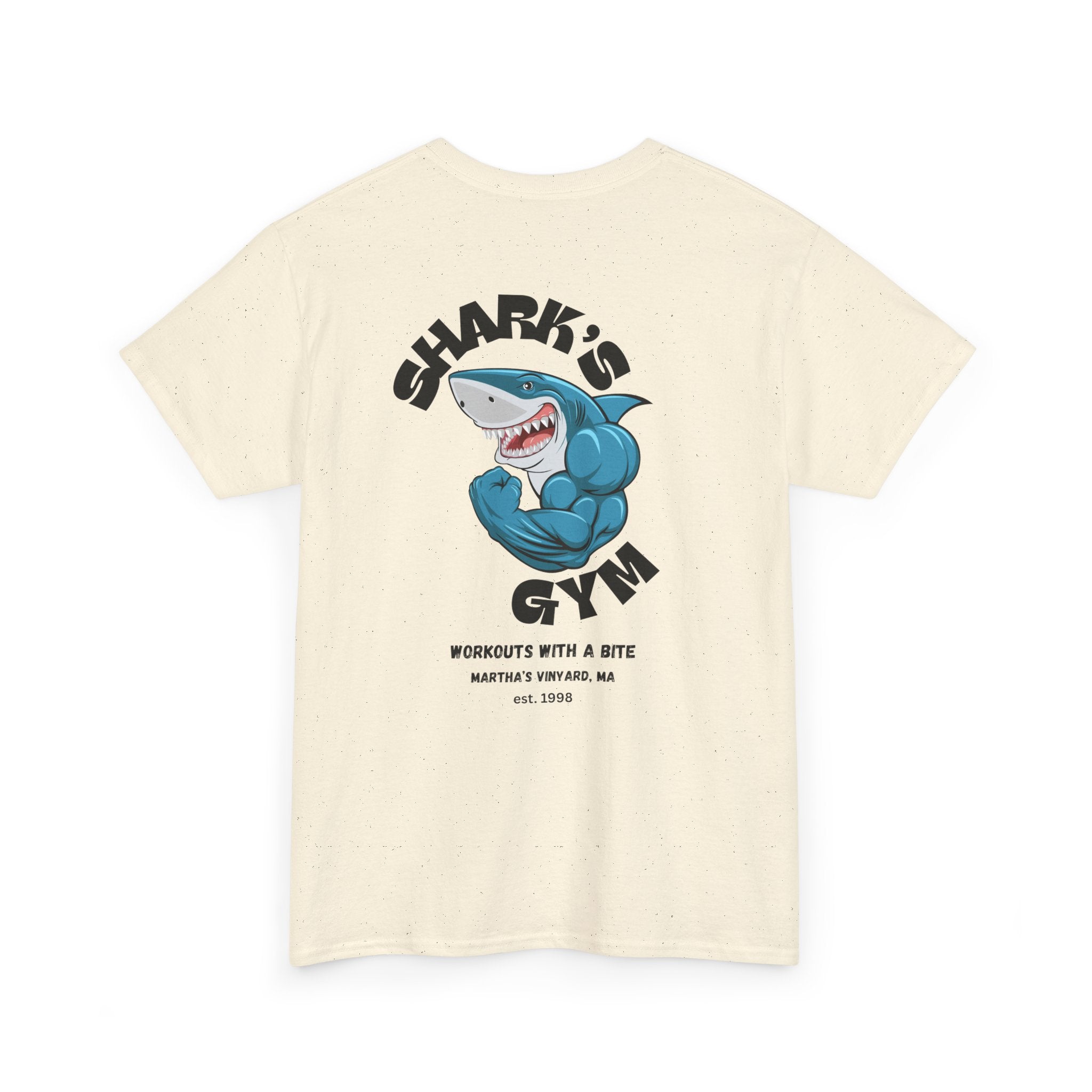 World Famous Shark's Gym  Martha's Vinyard, MA  (Back Design) Unisex Workout Tee Shirt