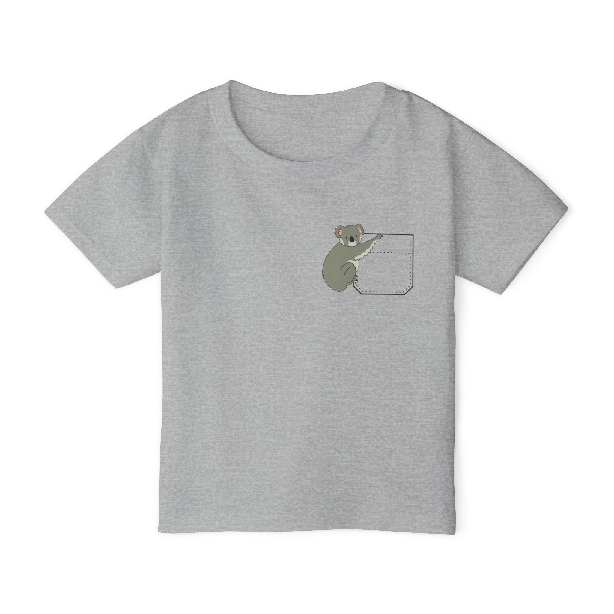 Cute and Fun Pocket Pet (Koala)  Unisex Heavy Cotton Toddler T-Shirt.  There is NO Pocket in this Shirt.  The Pocket is part of the Artwork