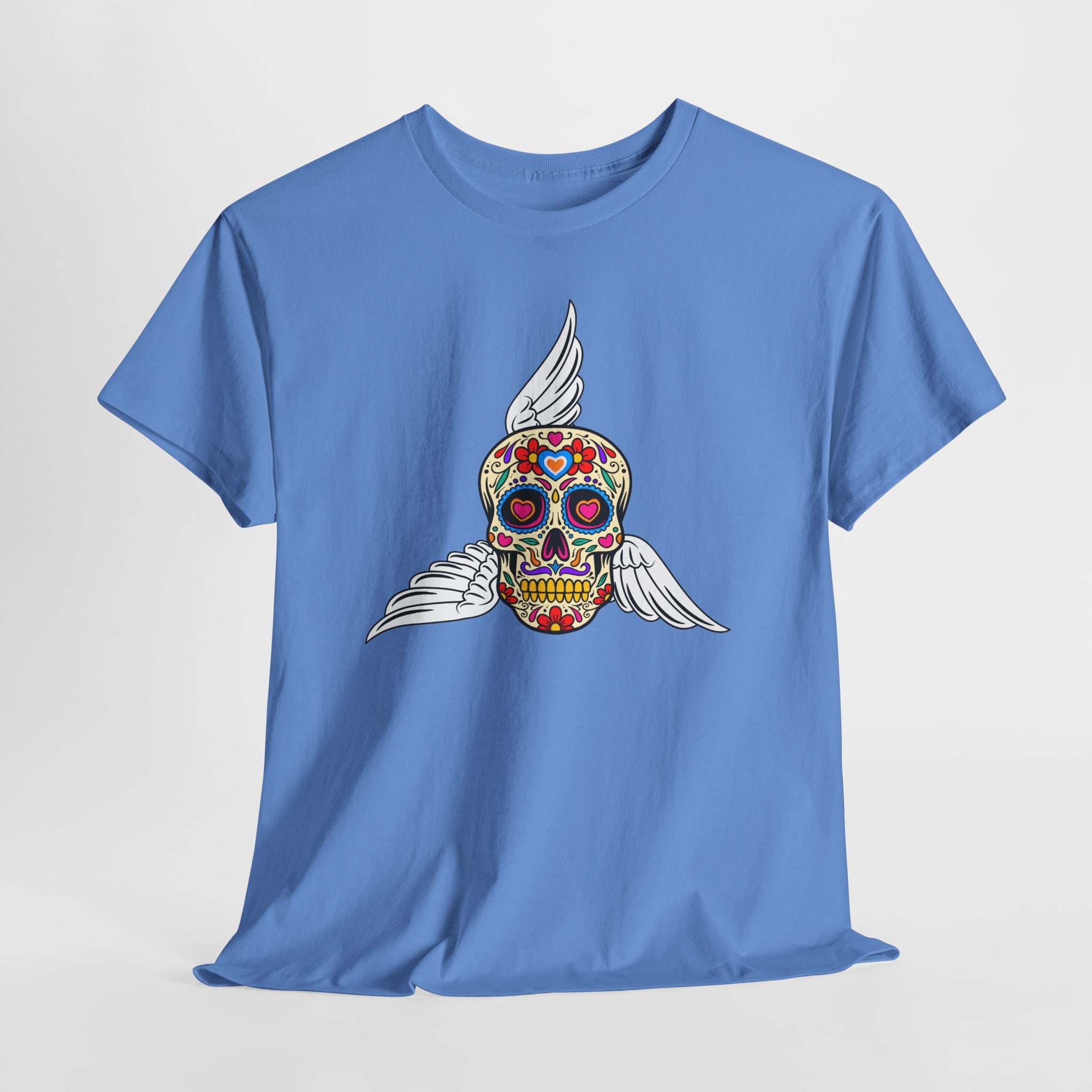 Fun Graphic Sugar Skull Tee with Angel Wings – Day of the Dead Graphic Heavy Cotton Unisex T-Shirt