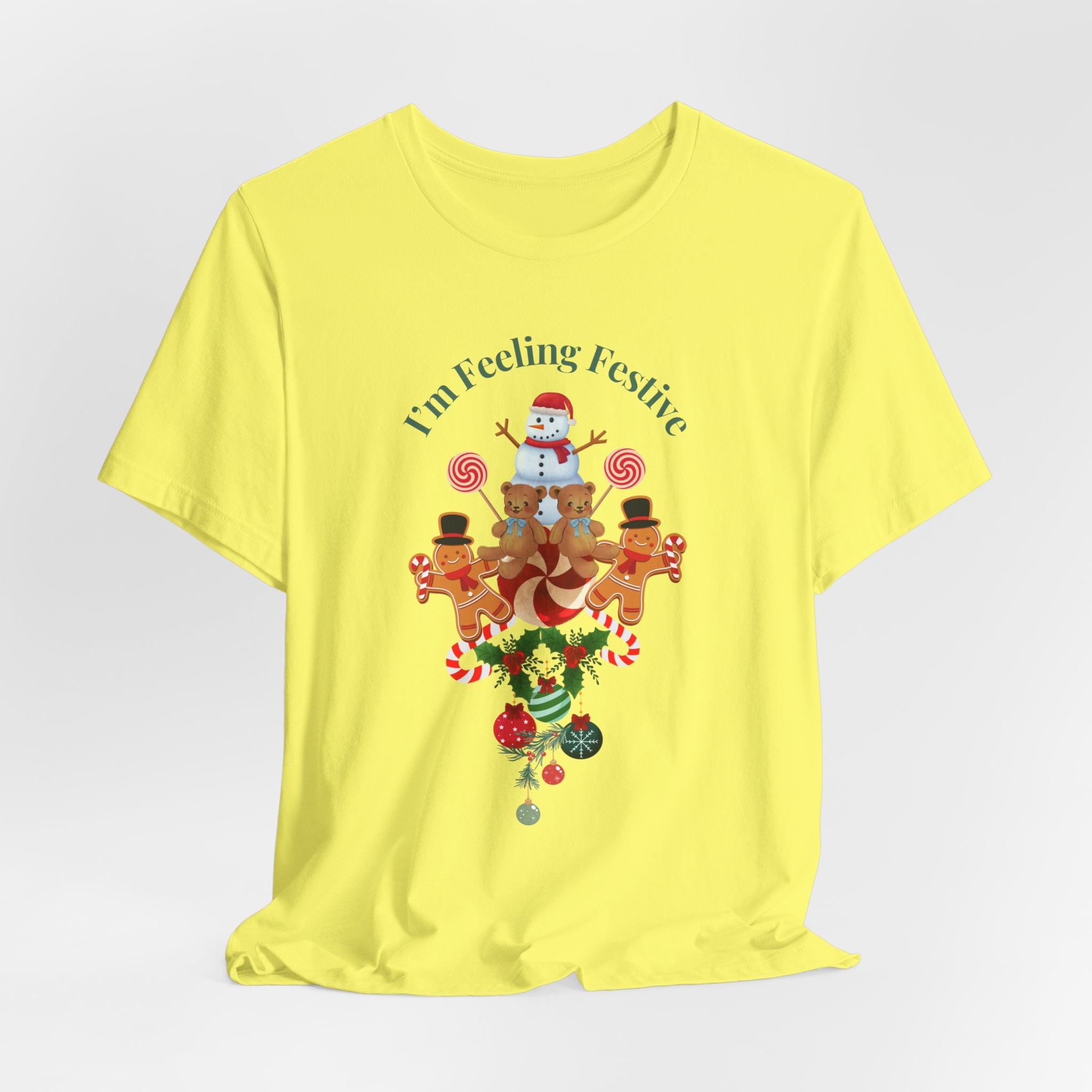 Colorful Holiday Tee — "I'm Feeling Festive" Christmas Reindeer & Snowman Graphic  Unisex Heavy Cotton T-Shirt