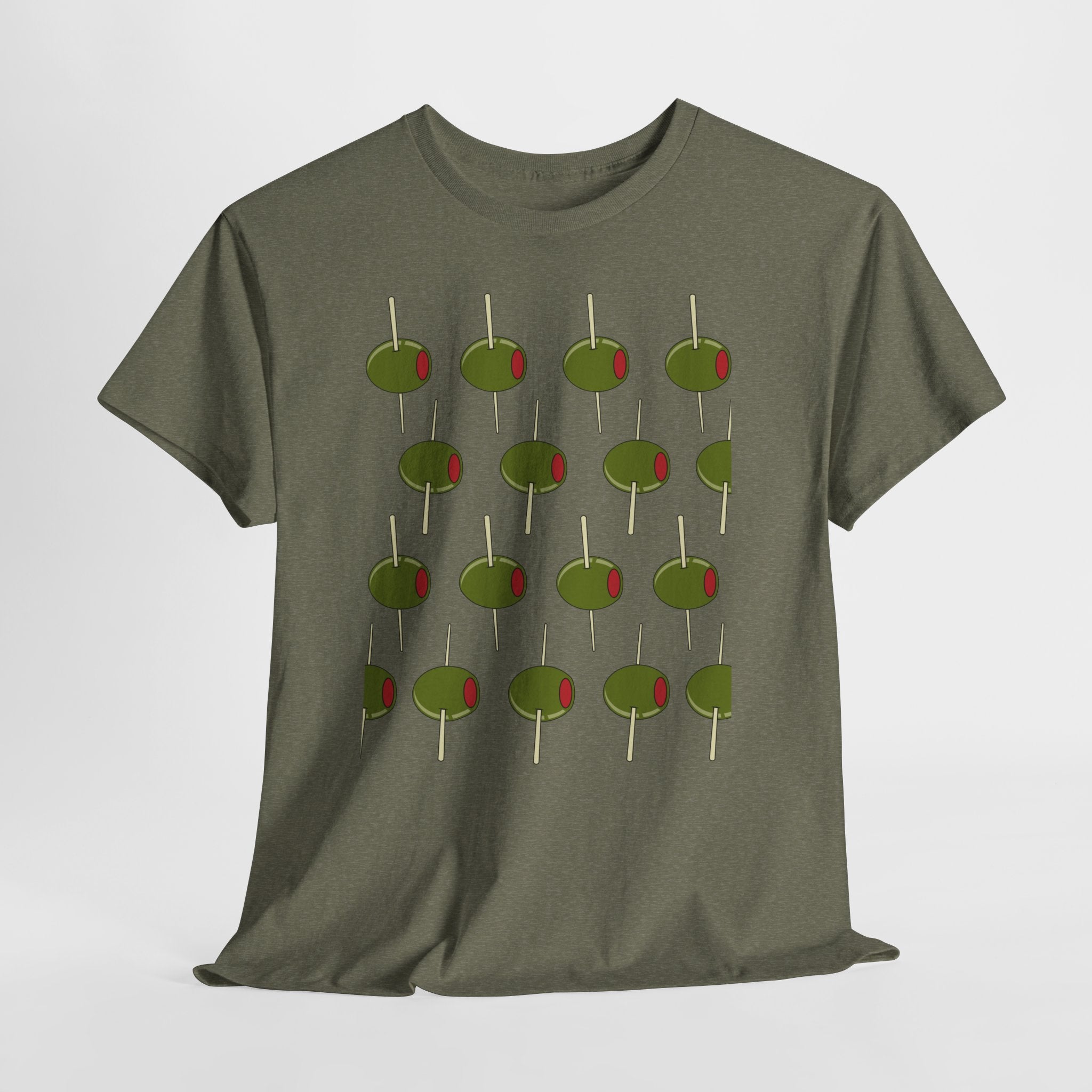 Graphic Contemporary Cocktail Olives on The March.  Unisex Heavy Cotton  Tee — Retro Martini Cocktail Graphic T-Shirt