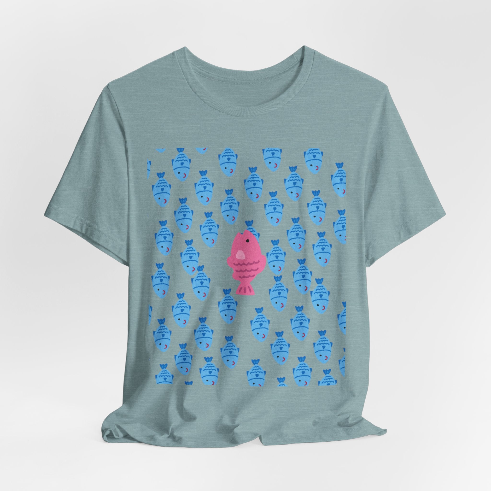 Swim Your Own Course Graphic Unisex Heavy Cotton Tee  Proud to Be Different Pink Fish Among Blue Fish T- Shirt