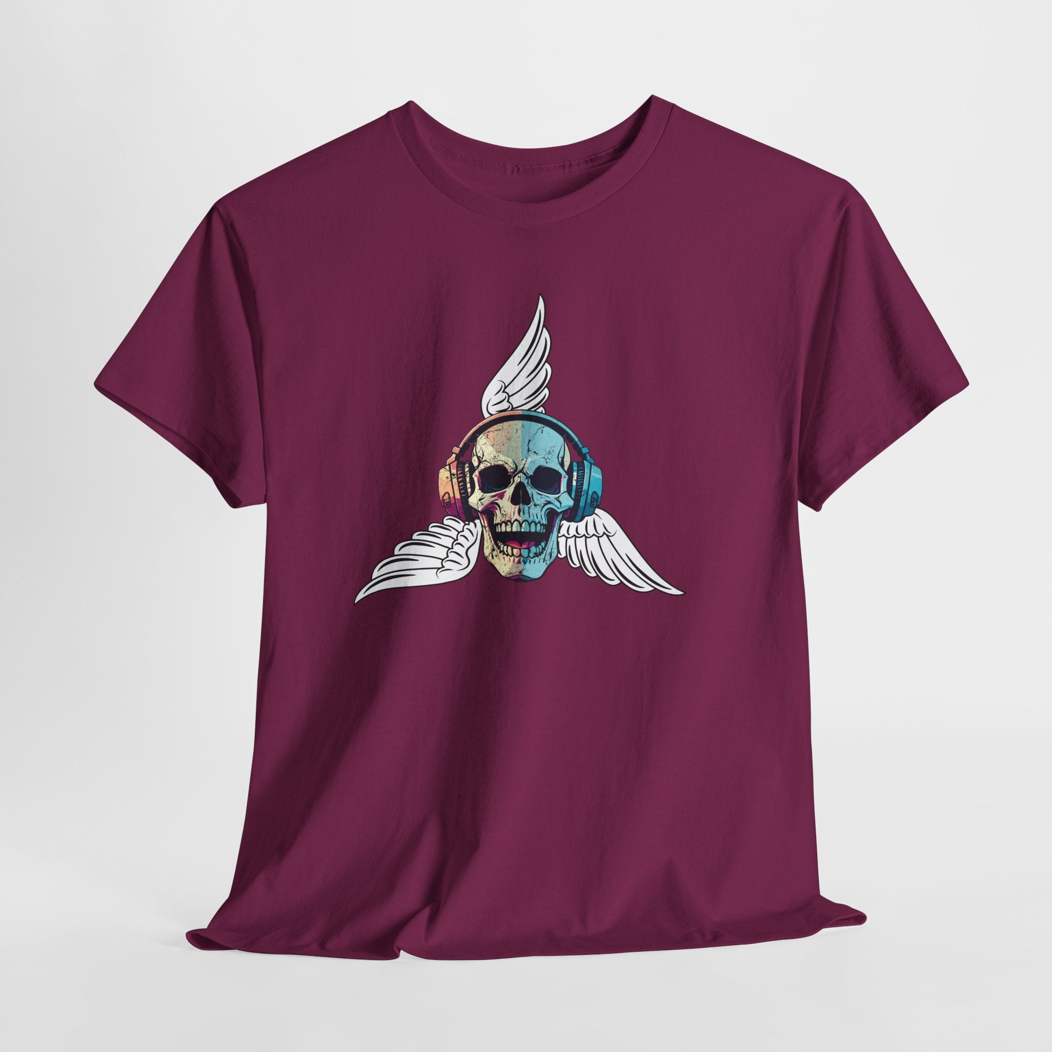 Fun Beats Skull with Wings Graphic  Unisex Heavy Cotton Tee — Vintage Rock Music Skull T-Shirt