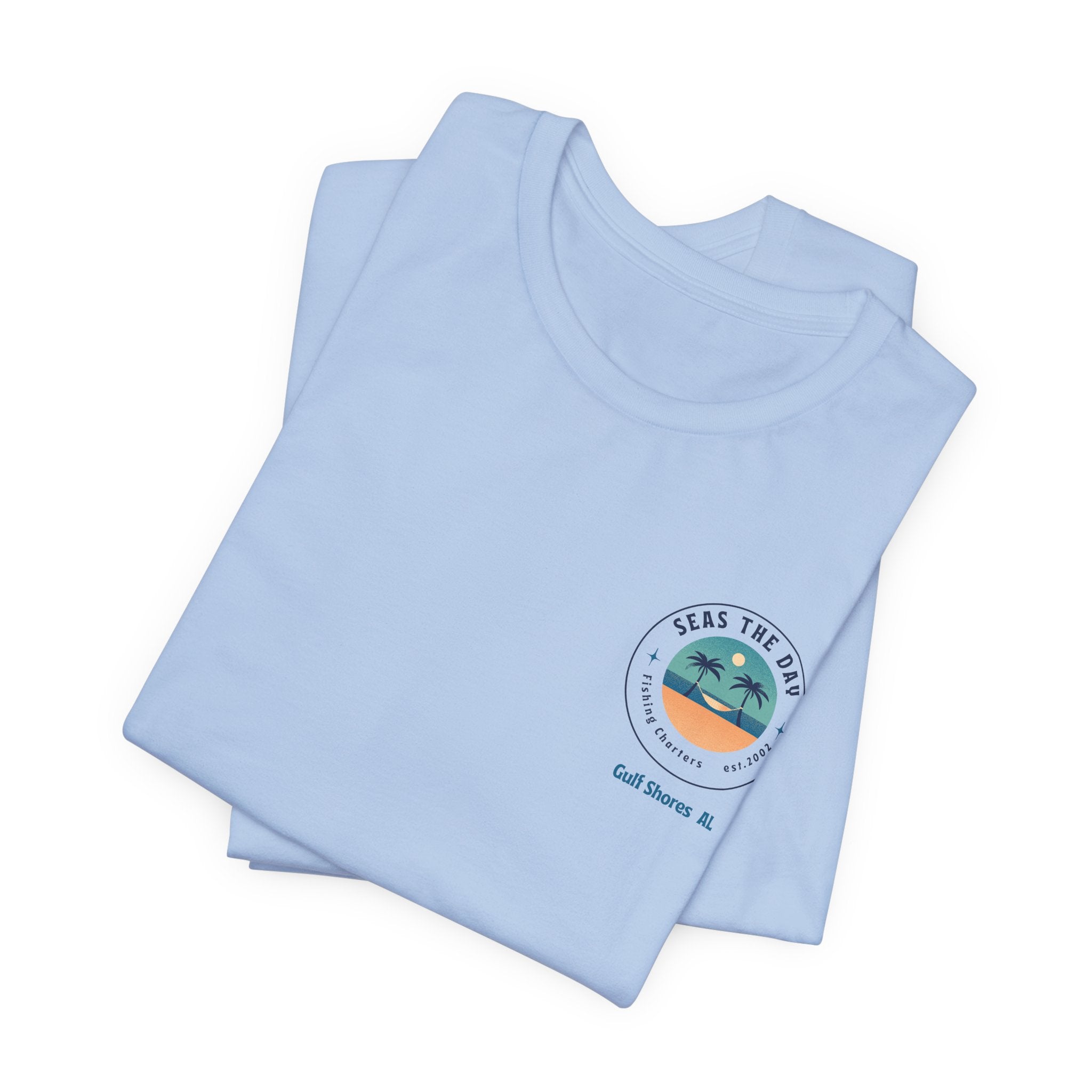 Beachy Vibes with Seas The Day Charter Fishing in Gulf Shores, AL  Unisex Jersey Tee, Casual T-Shirt, Vacation Shirt, Summer Apparel, Gift for Ocean Lovers