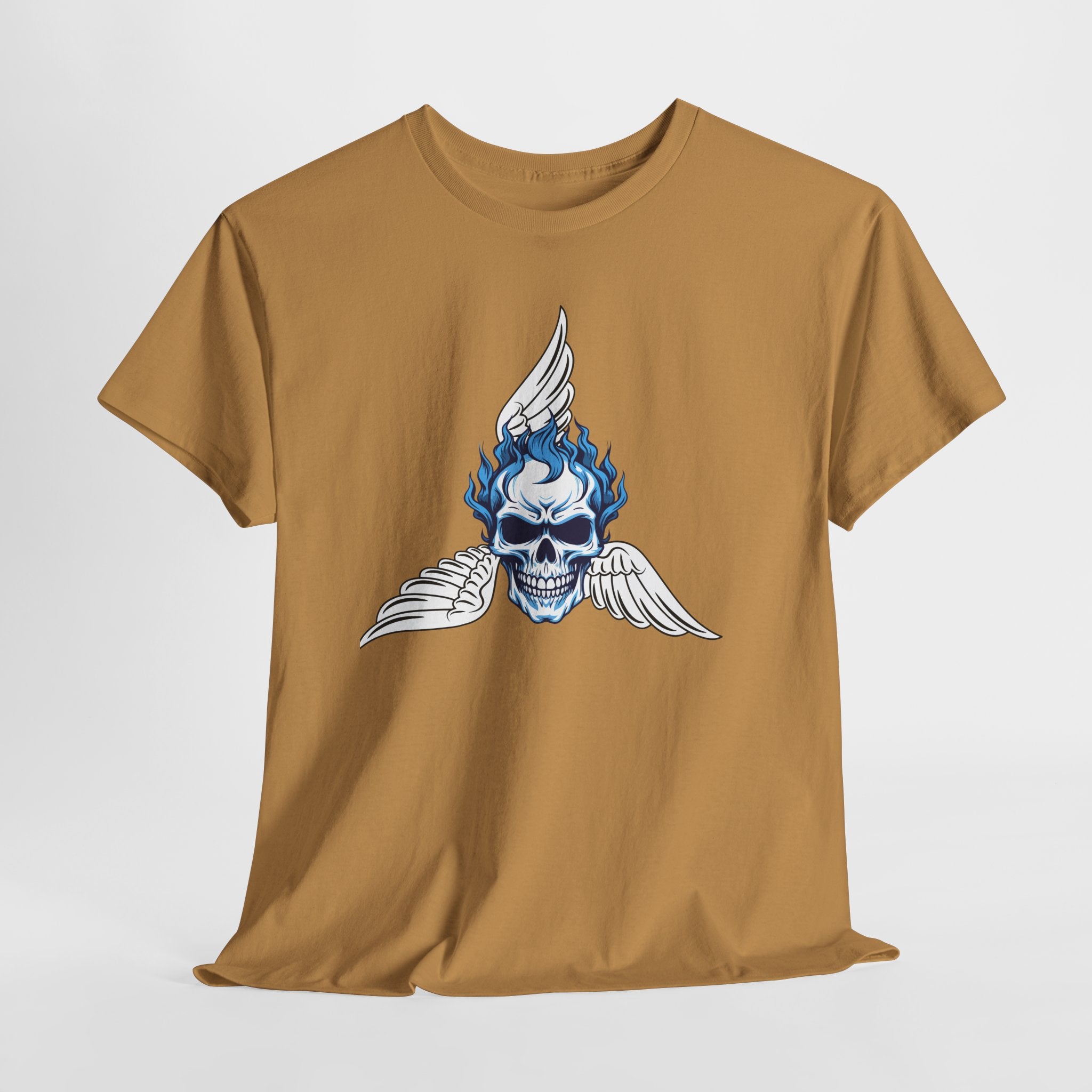 Fun Graphic Skull Flame Tee — Blue Flaming Skull with Wings Graphic  Unisex Heavy Cotton T-Shirt