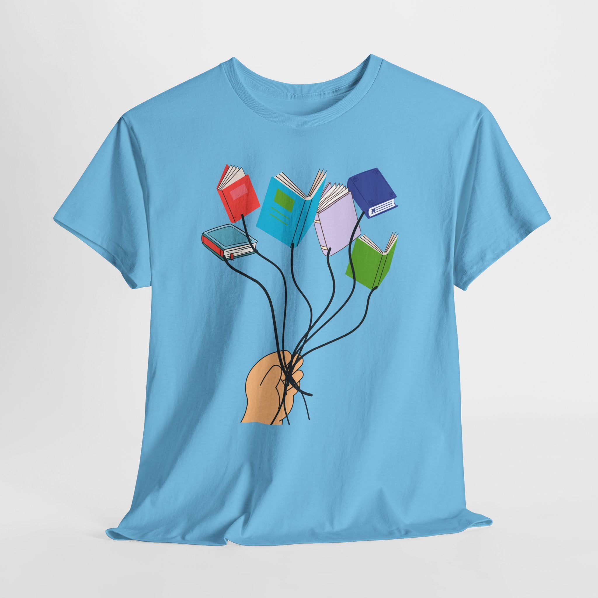 Graphic Book Lovers Balloon Book Bouquet Unisex Heavy Cotton T-Shirt — Colorful Floating Books Graphic Tee for Readers & Teachers