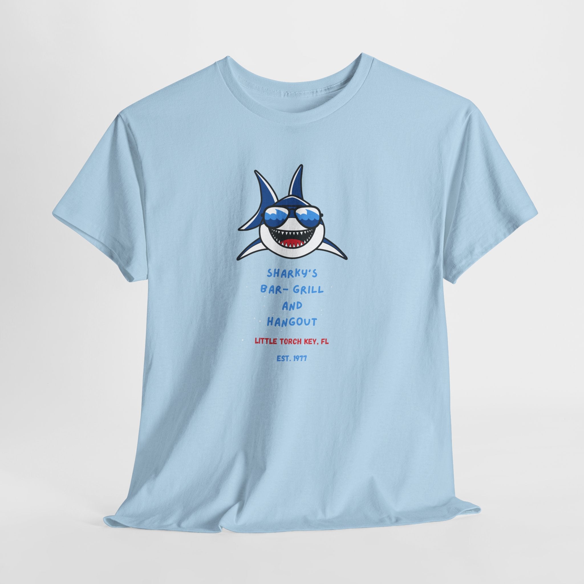 Unisex Cotton Tee - Sharky’s Hangout, in The FL. Keys Fun Graphic Tee, Summer Casual Wear, Beach Party Shirt, Gift for Ocean Lovers