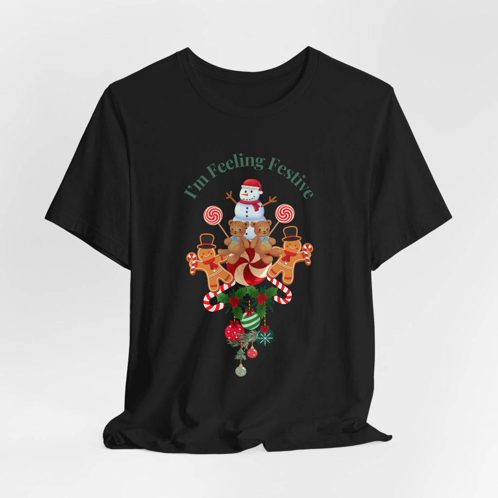 Colorful Holiday Tee — "I'm Feeling Festive" Christmas Reindeer & Snowman Graphic  Unisex Heavy Cotton T-Shirt