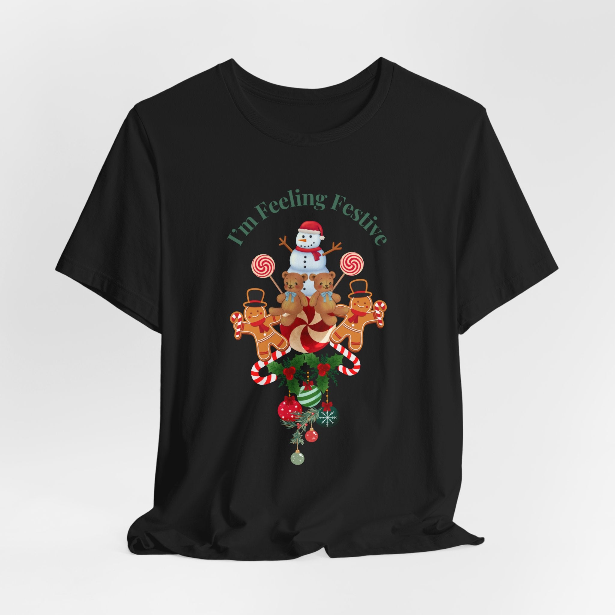 Colorful Holiday Tee — "I'm Feeling Festive" Christmas Reindeer & Snowman Graphic  Unisex Heavy Cotton T-Shirt