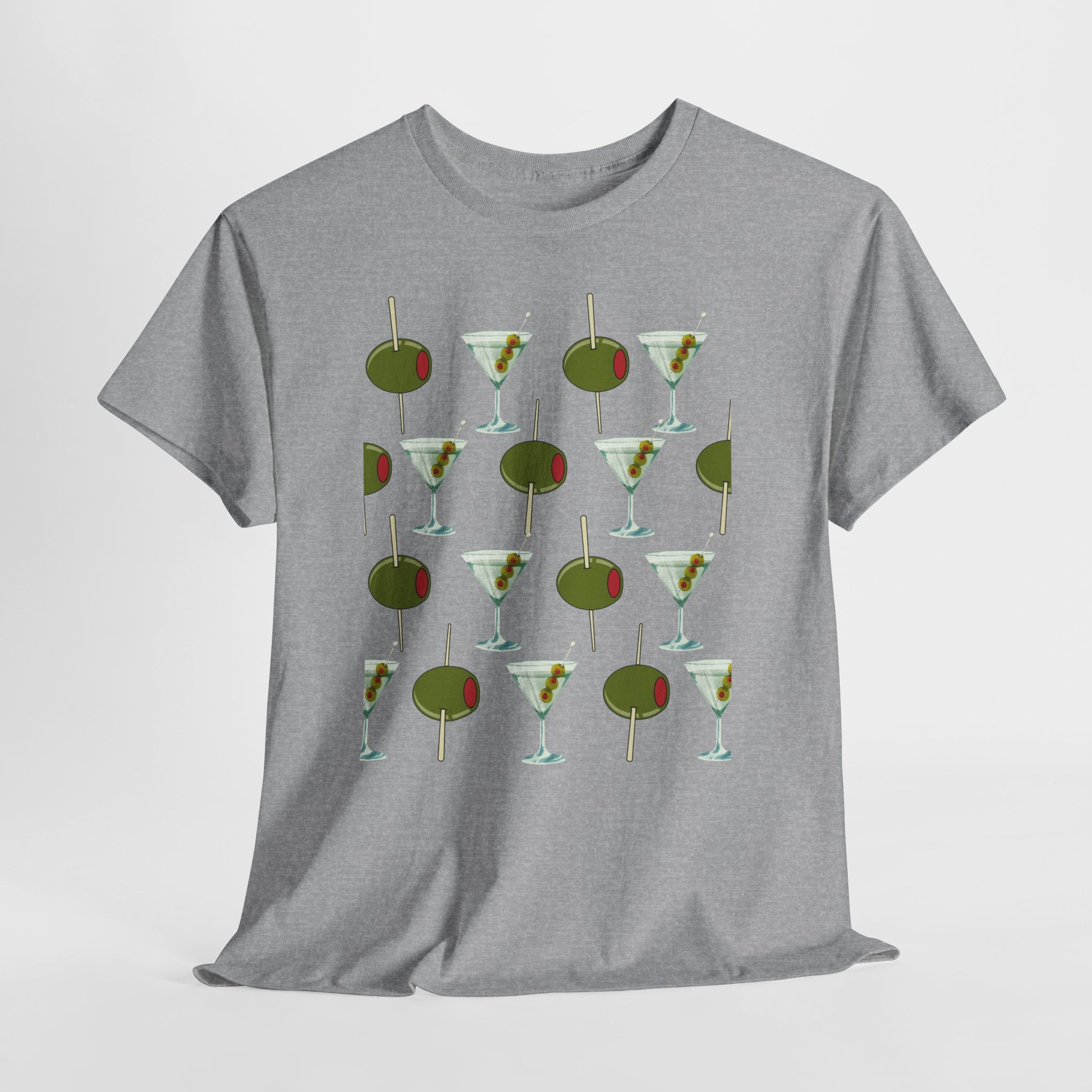 Fun Retro Martini Olive Graphic Pattern Unisex Heavy Cotton Tee — Cocktail Culture Lovers Graphic T-Shirt