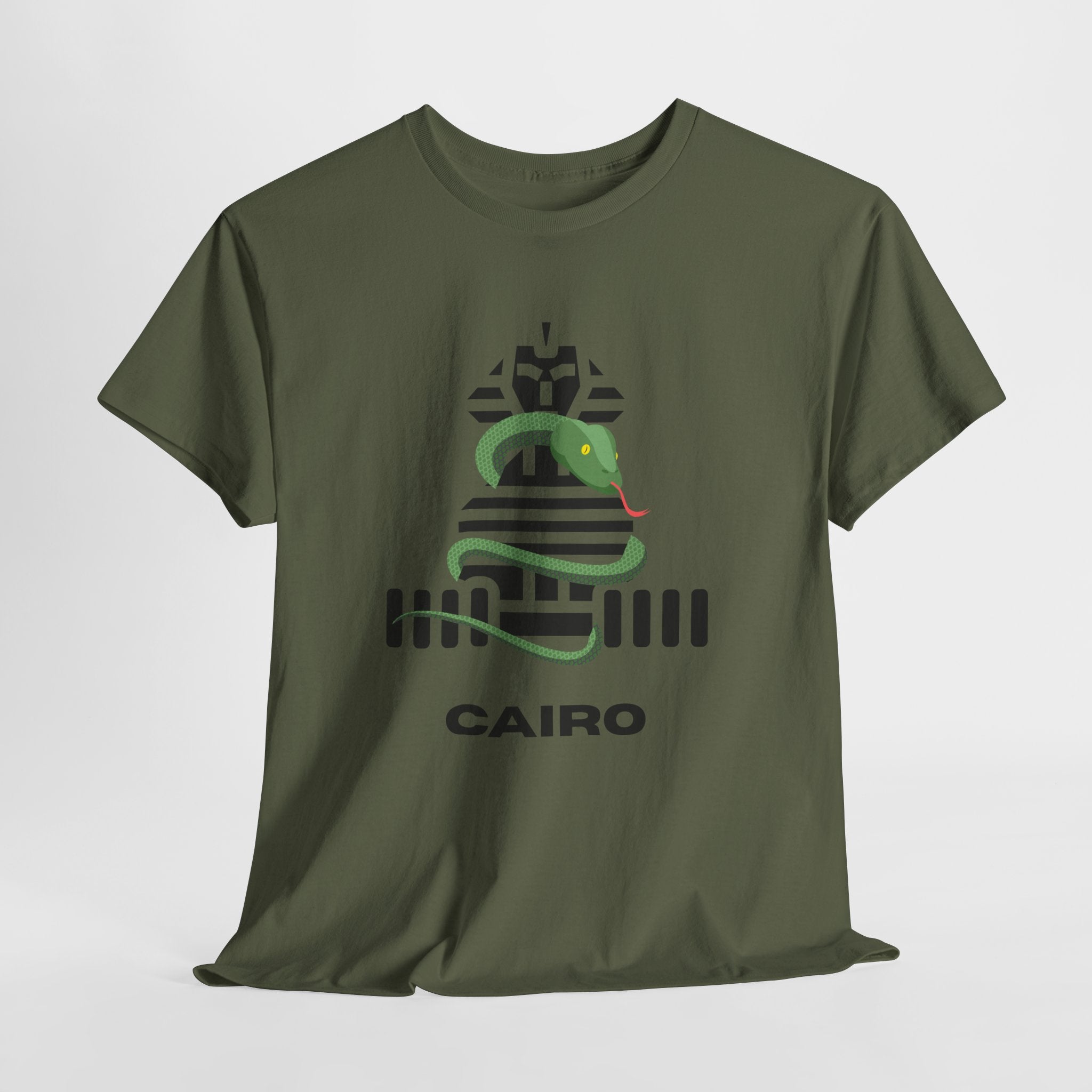 Fun and Quirky Sphynx Graphic Cairo Unisex Heavy Cotton Tee — Green Snake Egyptian Graphic T-Shirt