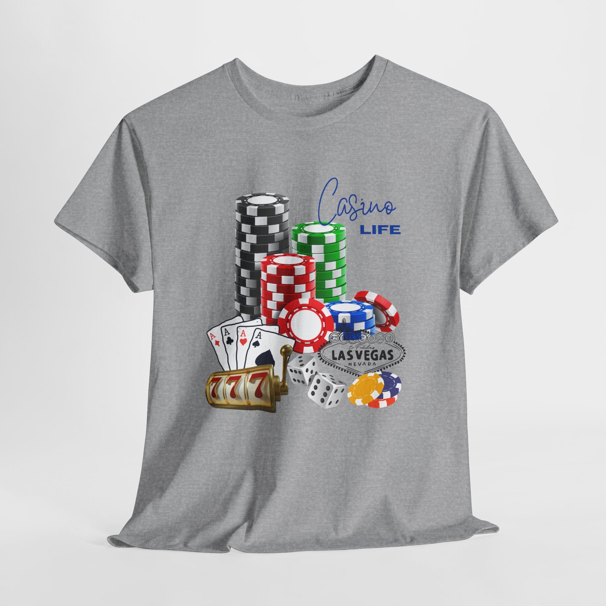 Bring on The Luck with this Casino Life Unisex Heavy Cotton T‑Shirt — Las Vegas Poker Chips & Cards Graphic Tee