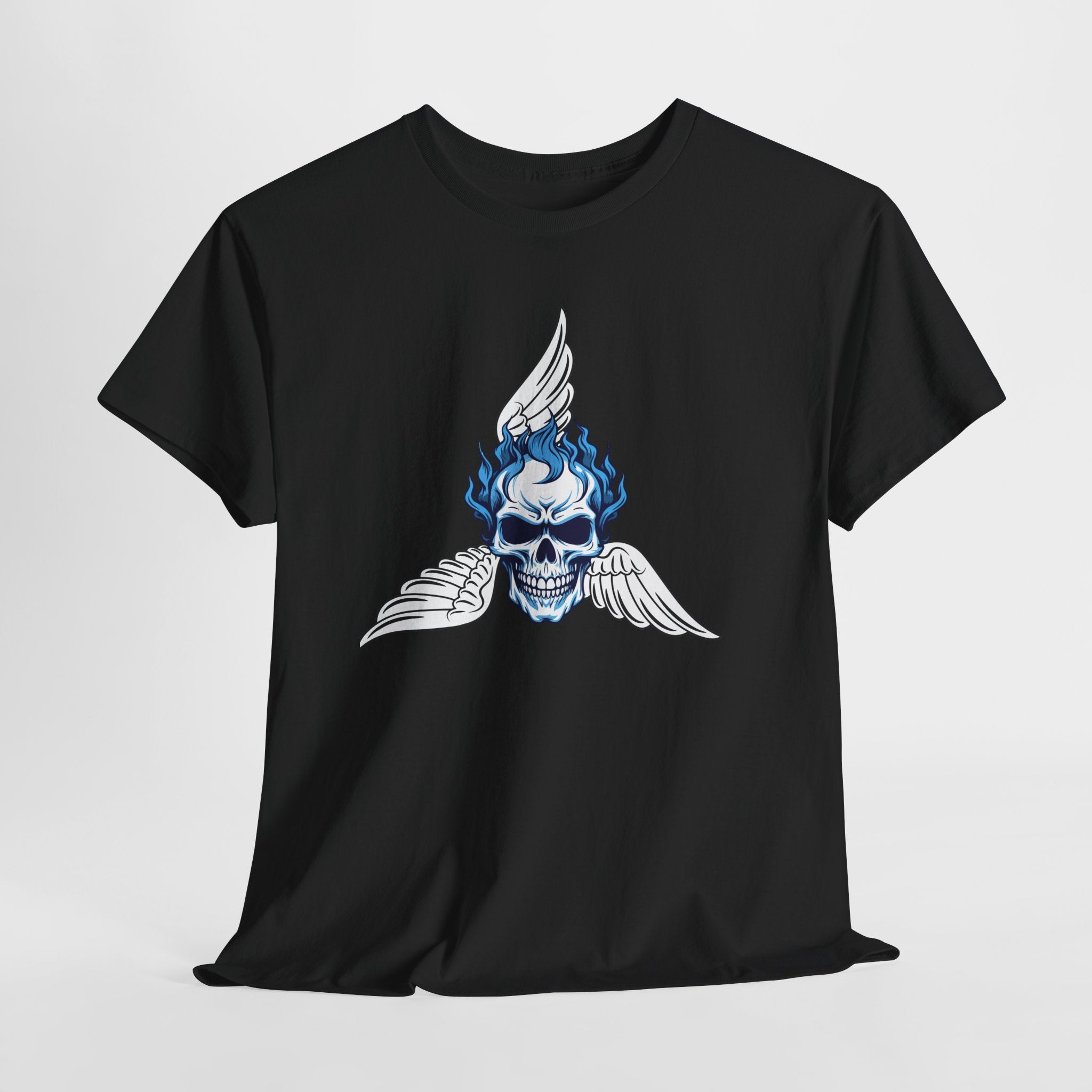Fun Graphic Skull Flame Tee — Blue Flaming Skull with Wings Graphic  Unisex Heavy Cotton T-Shirt
