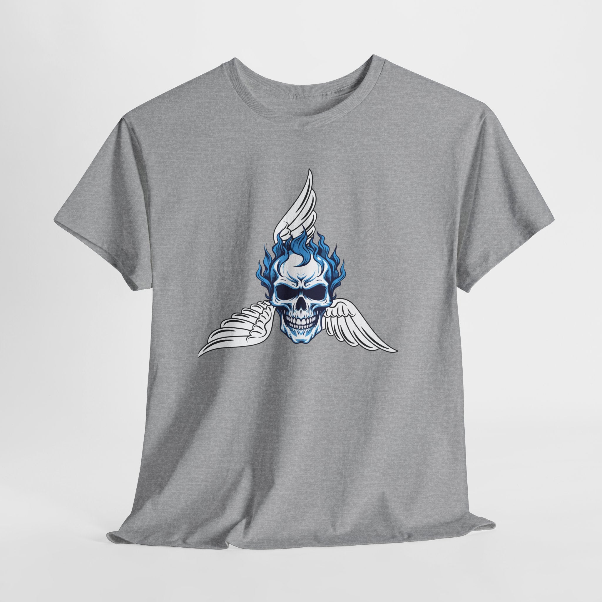 Fun Graphic Skull Flame Tee — Blue Flaming Skull with Wings Graphic  Unisex Heavy Cotton T-Shirt