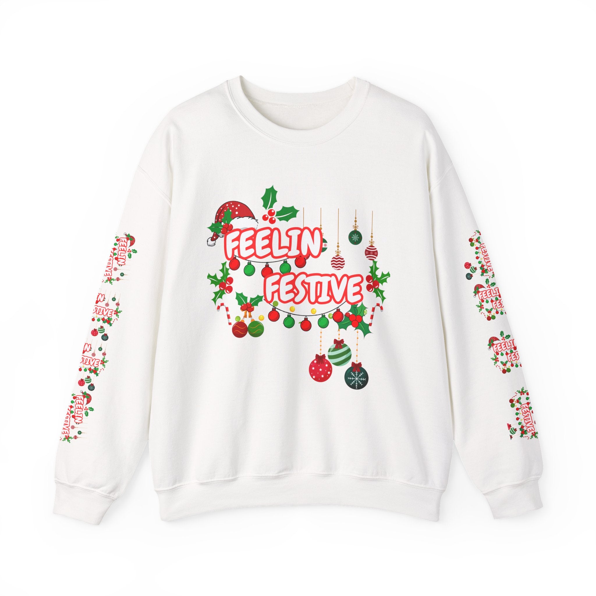 Fun and Traditional Colored Feelin' Festive Crewneck Unisex Sweatshirt with Sleeve Embelishments— Christmas Holiday Graphic On Front and Sleeves