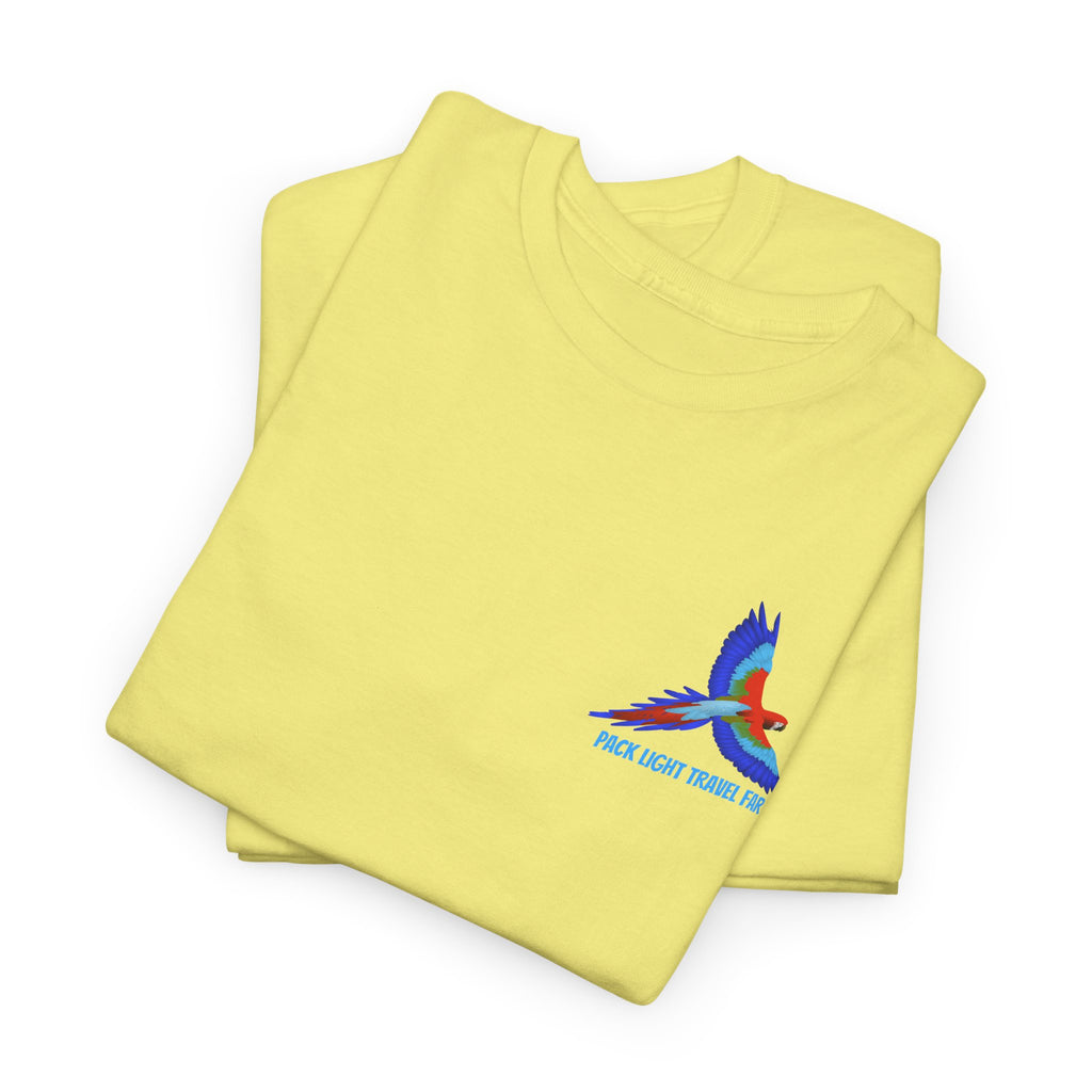 Express your Travel needs with  Pack Light and Travel Far Unisex T shirt with colorful Macaw Design