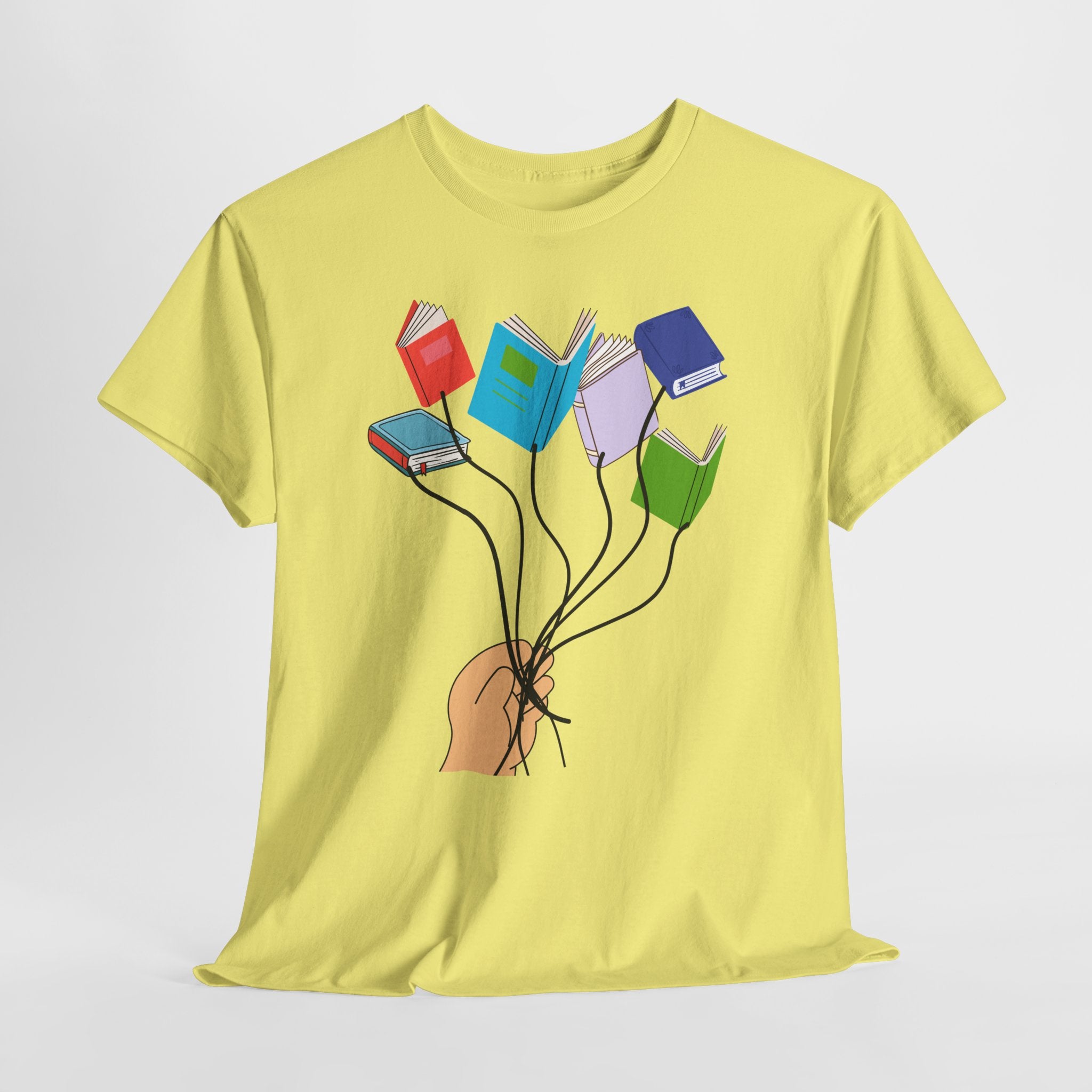 Graphic Book Lovers Balloon Book Bouquet Unisex Heavy Cotton T-Shirt — Colorful Floating Books Graphic Tee for Readers & Teachers