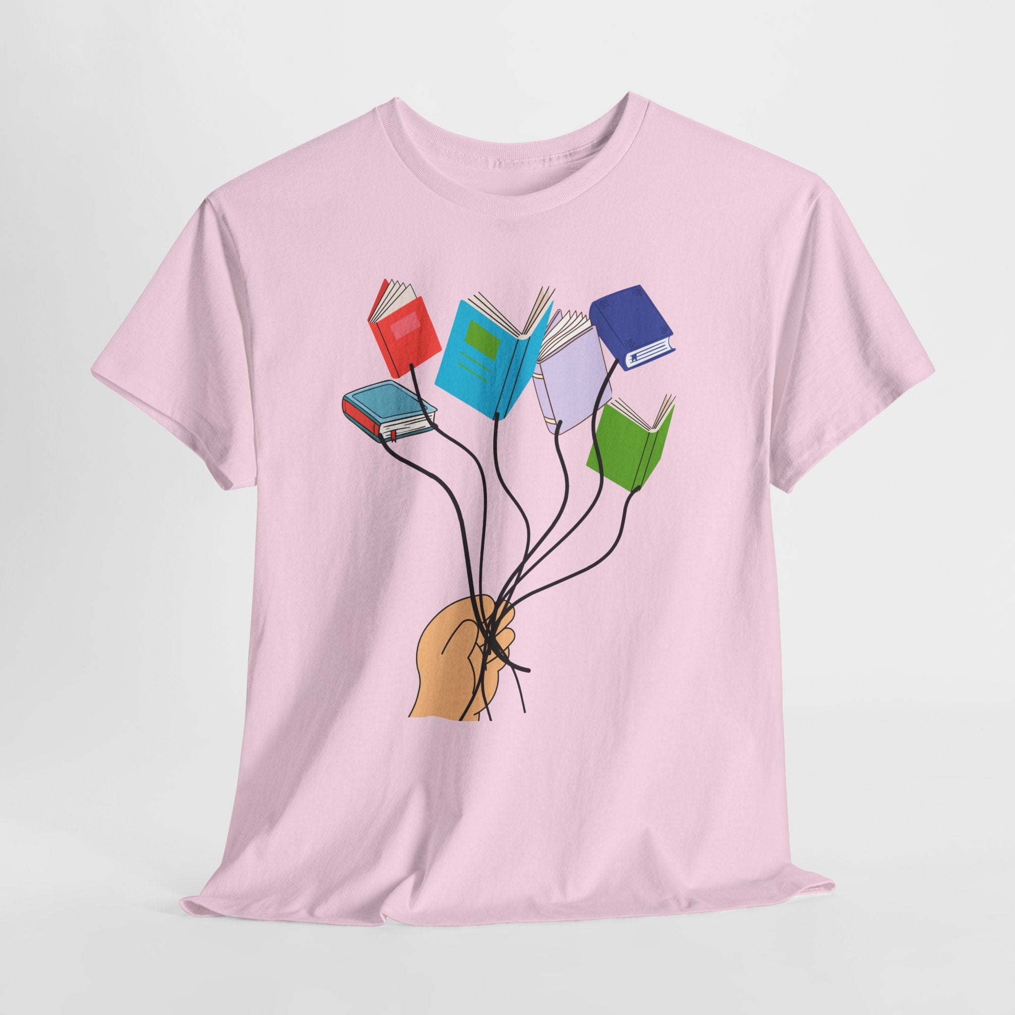 Graphic Book Lovers Balloon Book Bouquet Unisex Heavy Cotton T-Shirt — Colorful Floating Books Graphic Tee for Readers & Teachers
