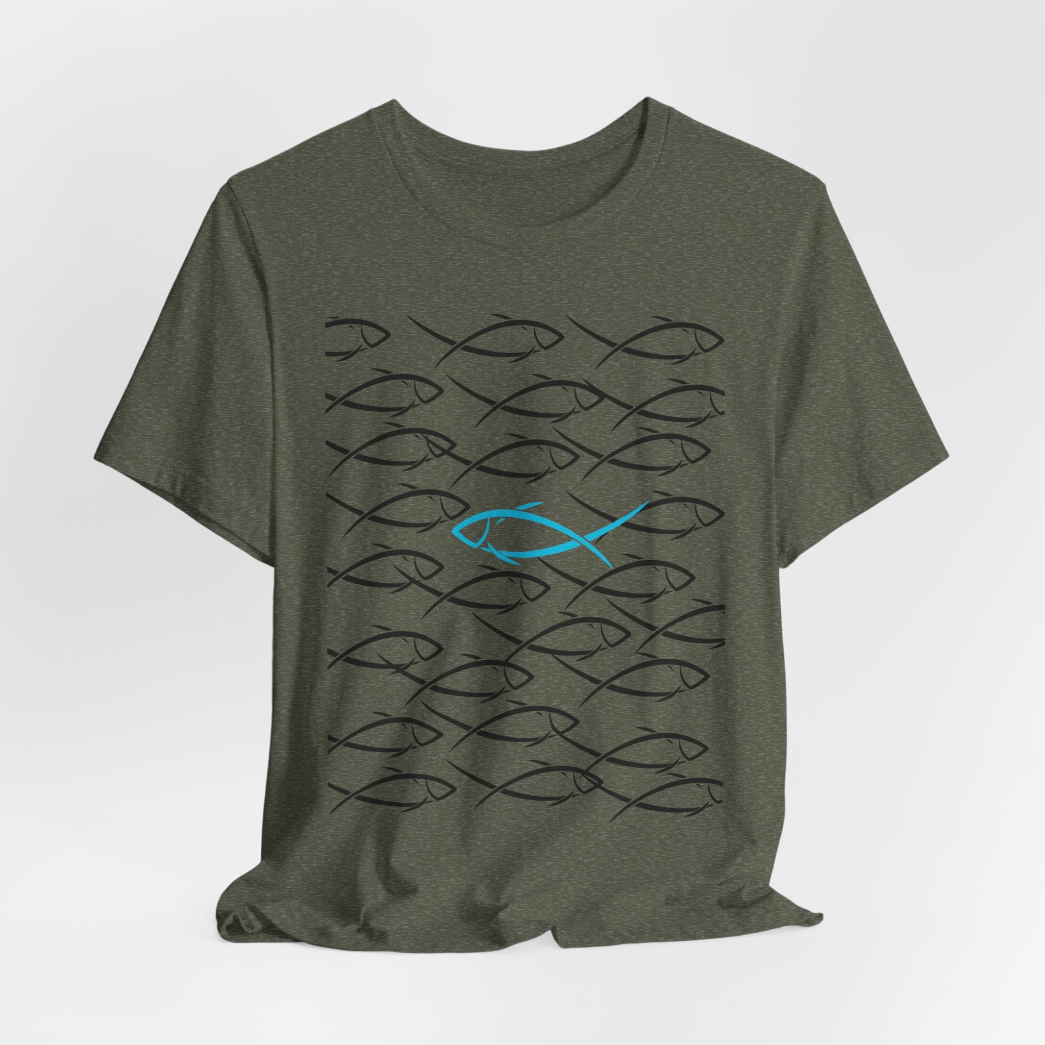 Graphic School of Fish Unisex Heavy Cotton Tee — "Go In Your Own Direction" Blue Highlighted Fish Graphic T-Shirt