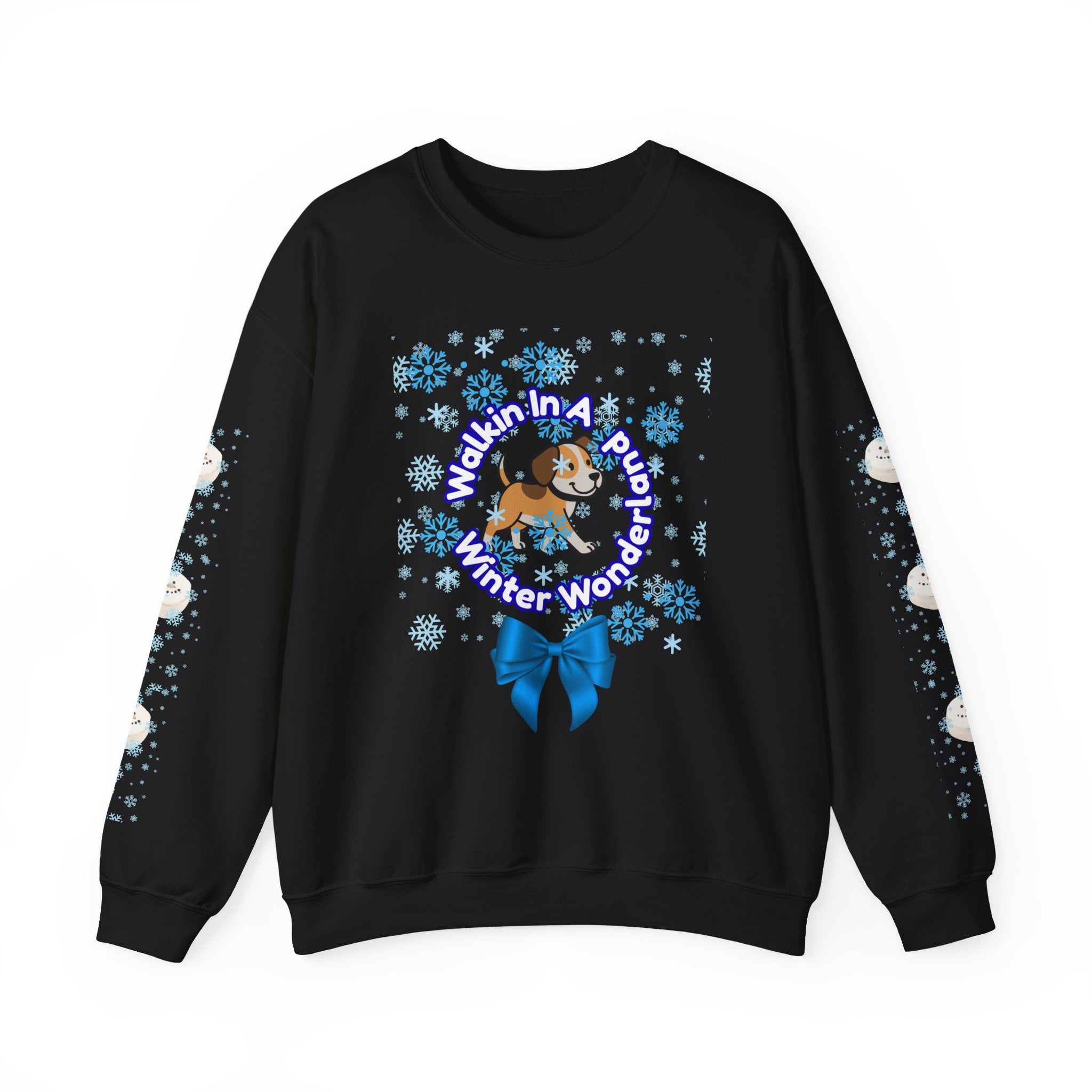 Happy Dog Lover Holiday "Walkin' In A Winter Wonderland" Unisex Crewneck Sweatshirt with Side Arm Embellishments