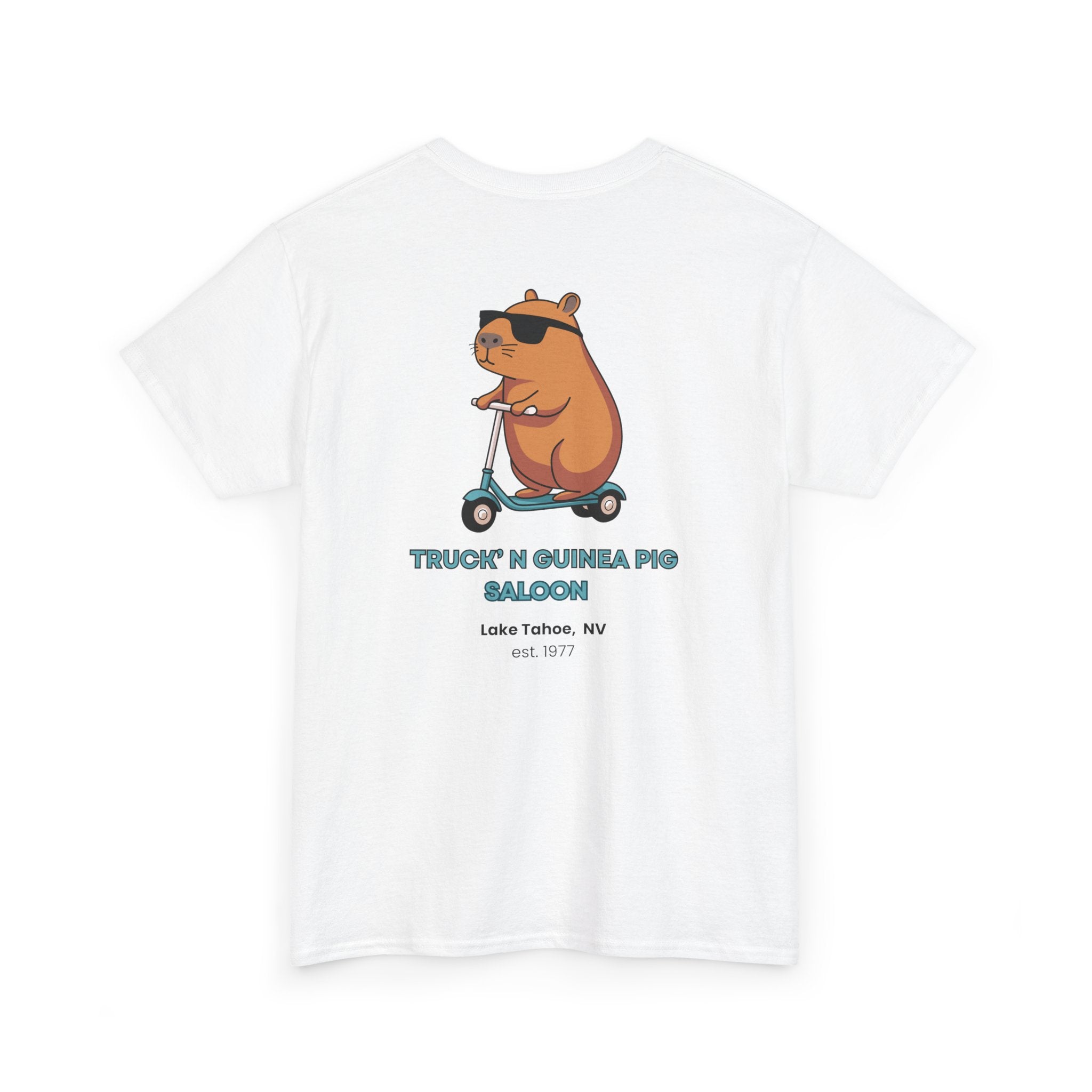 Cool Truck'n Guinea Pig  Lake Tahoe, NV (Back Design) Tee | Fun Unisex Heavy Cotton T-Shirt for Animal Lovers, Casual Wear, Gift for Birthdays, Summer Vibes, Pig Lovers