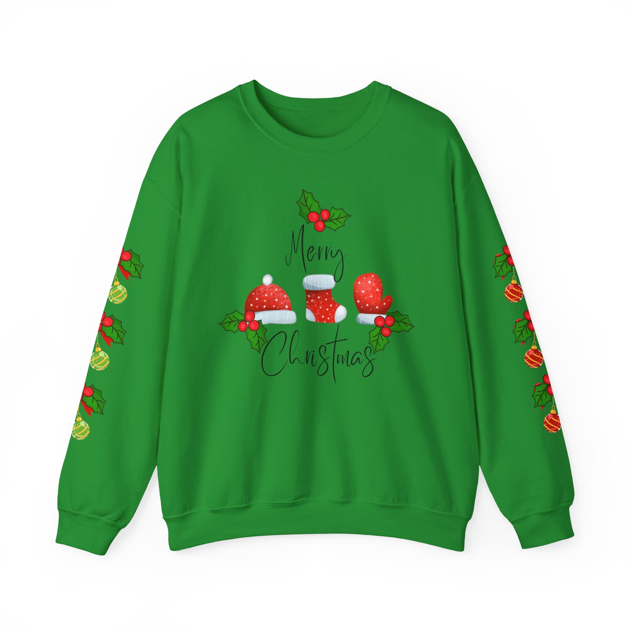 Festive Christmas Ornaments Unisex Sweatshirt Embellished with Side Arm Printing— 'Merry Christmas' Festive Holiday Crewneck