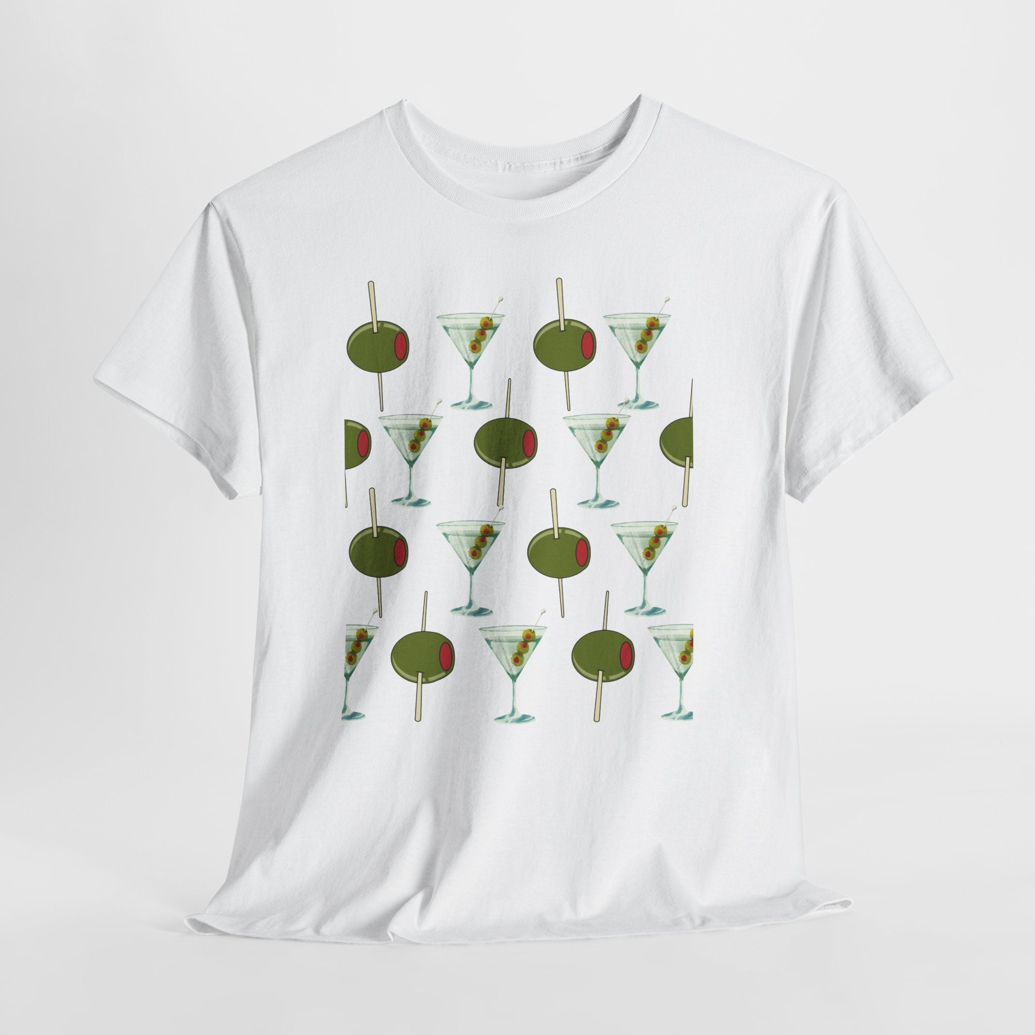 Fun Retro Martini Olive Graphic Pattern Unisex Heavy Cotton Tee — Cocktail Culture Lovers Graphic T-Shirt