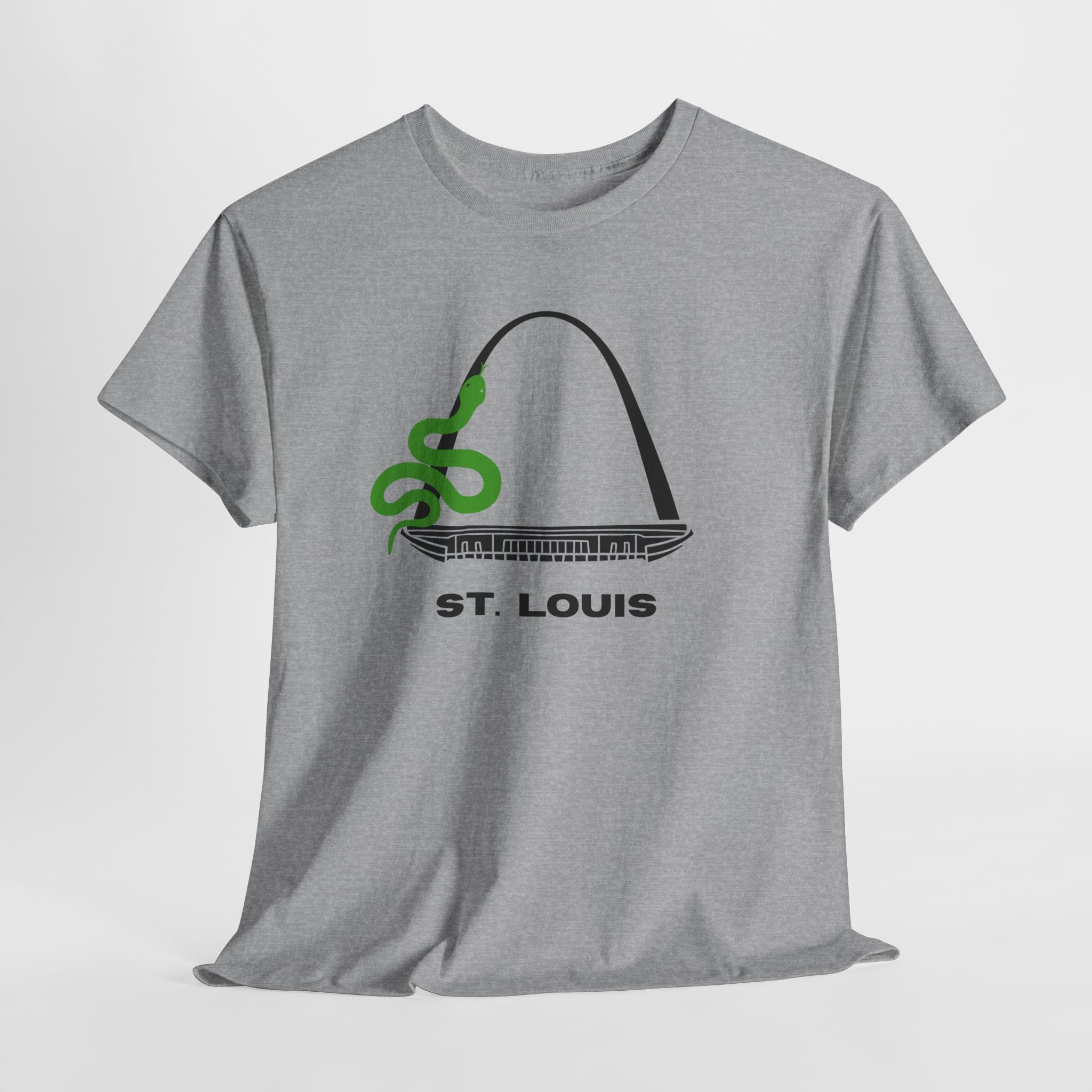 Fun and Quirky St. Louis Gateway Arch Graphic Unisex Heavy Cotton T‑Shirt — Green Snake Design