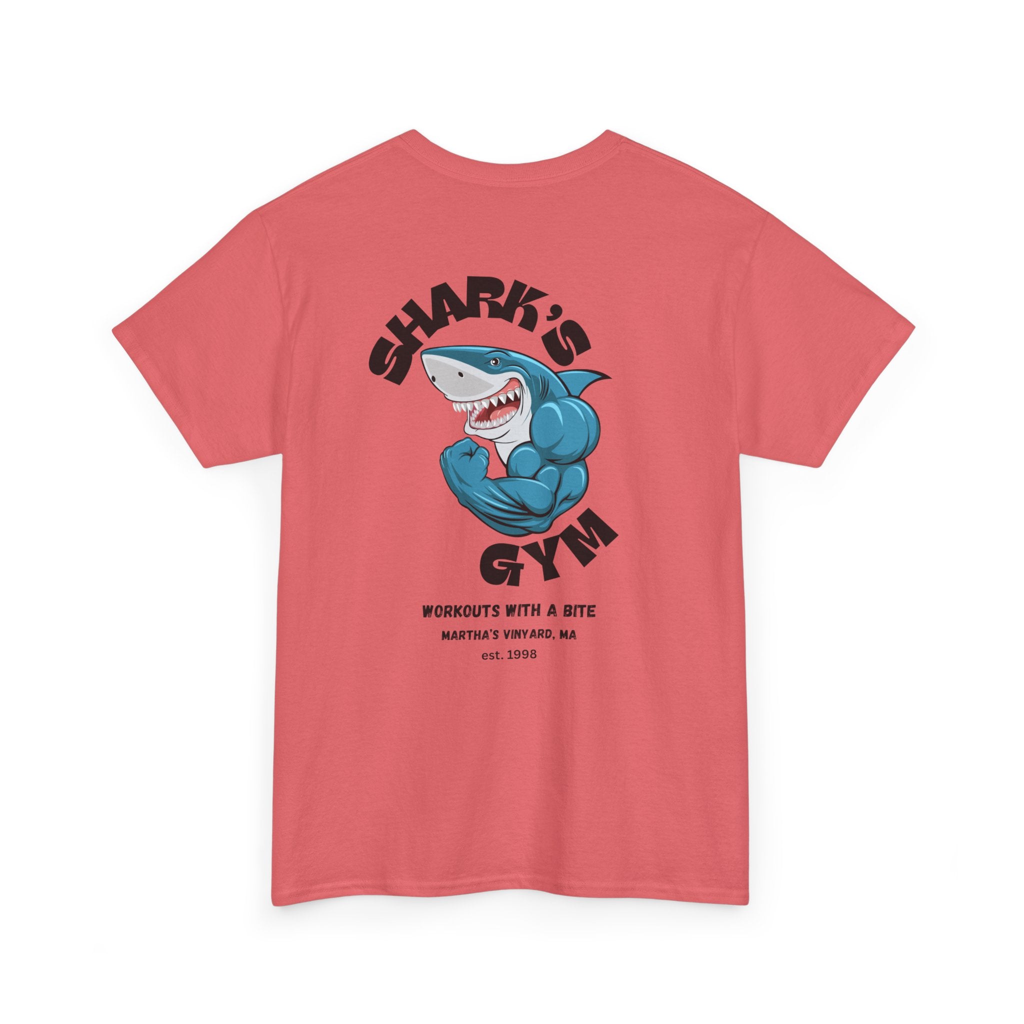 World Famous Shark's Gym  Martha's Vinyard, MA  (Back Design) Unisex Workout Tee Shirt