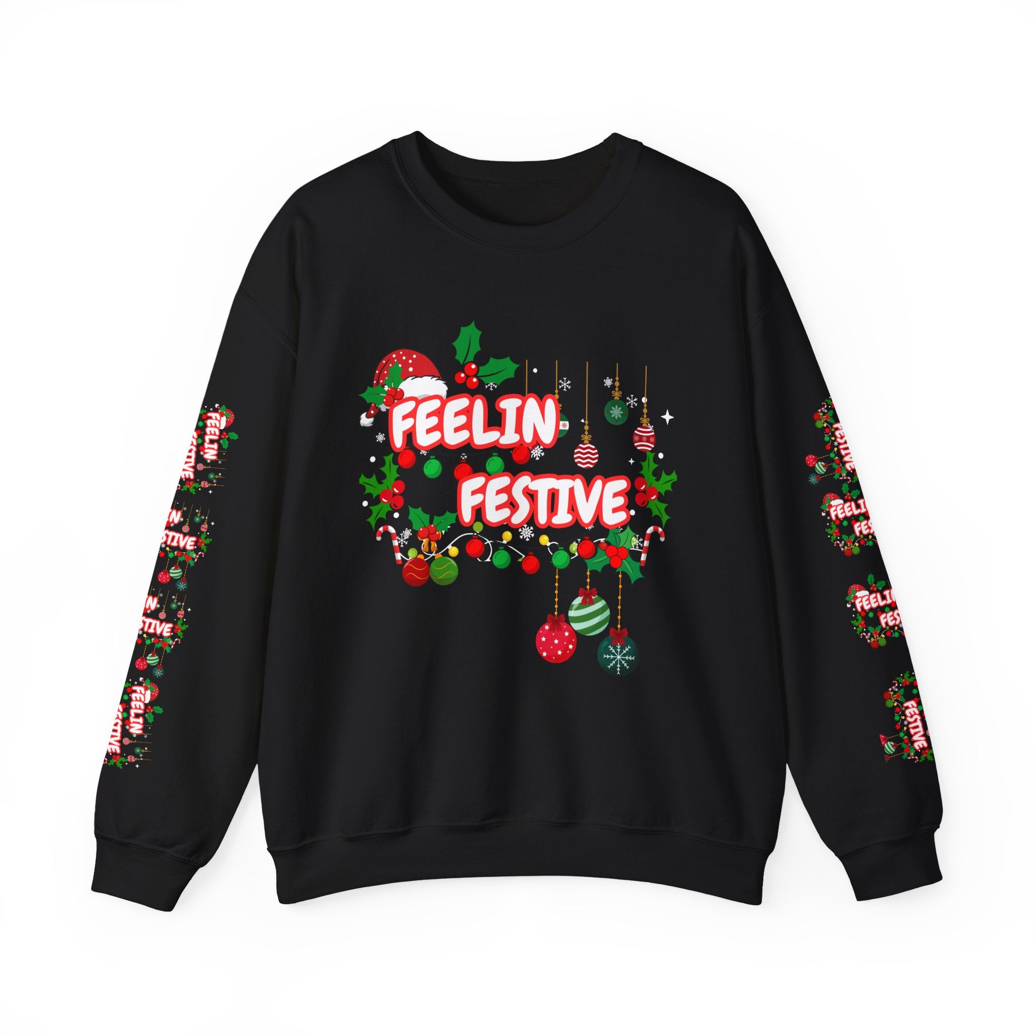 Fun and Traditional Colored Feelin' Festive Crewneck Unisex Sweatshirt with Sleeve Embelishments— Christmas Holiday Graphic On Front and Sleeves